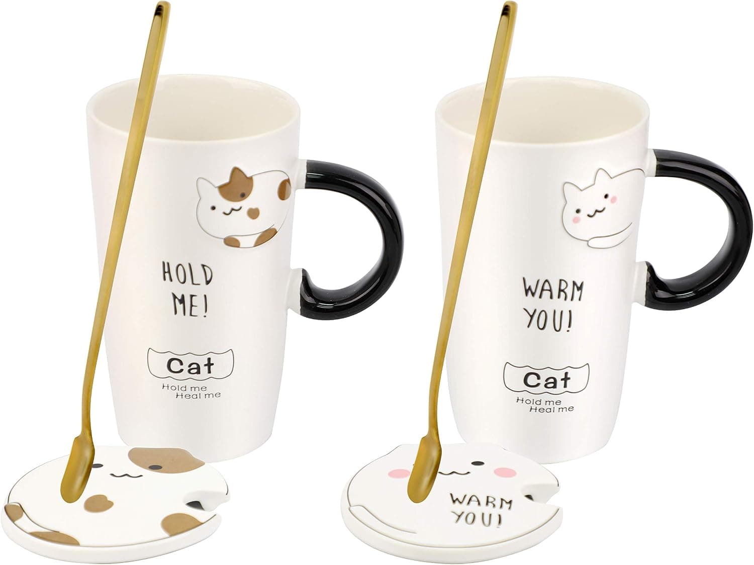 ZHAHA Cute Ceramic Cat Coffee Mug with Stirring Spoon and Lid , Novelty Coffee Mug for Cat Lovers.14oz,Set of 2 (Yellow spots and White）