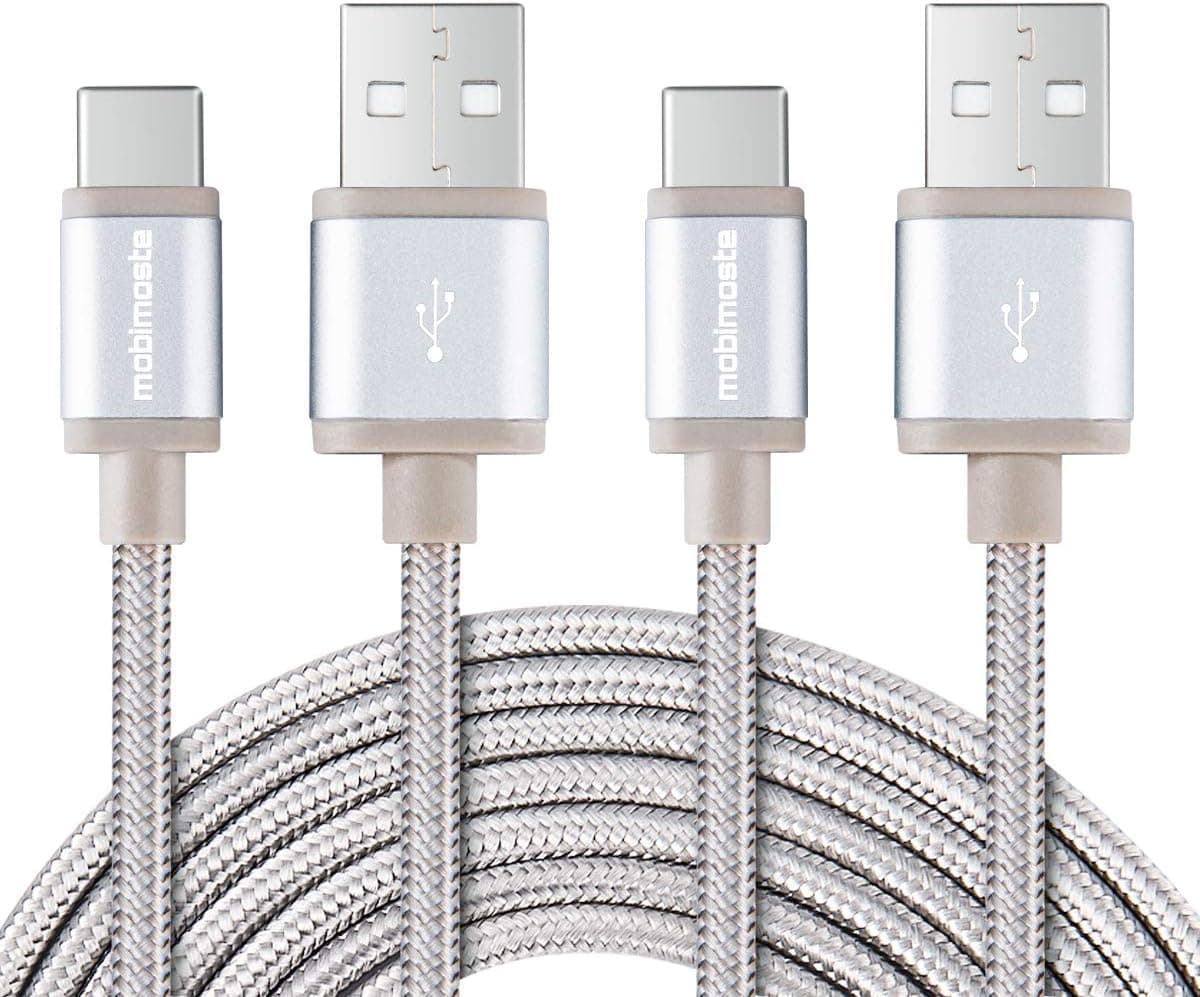 mobimoste USB Type C Cable, 6FT Fast Charger, Nylon Braided Fast Charging and Data Sync Cord, Compatible with Samsung Note S10 S9 S8 and Other USB-C Devices, Silver 2 Pack