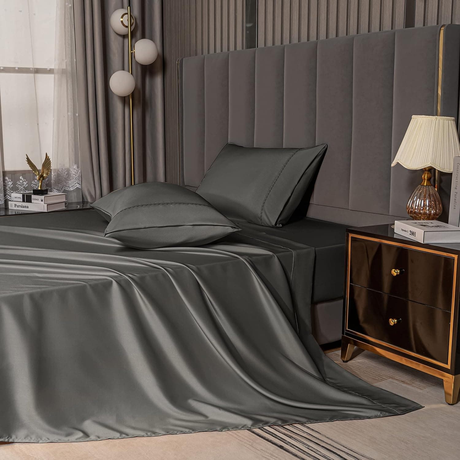 MCO Bedding Queen Bed Sheets Set - Bamboo Sheets - Cooling Breathable Bedding Set with 16" Deep Pocket (4 Pieces, Queen, Charcoal Gray)
