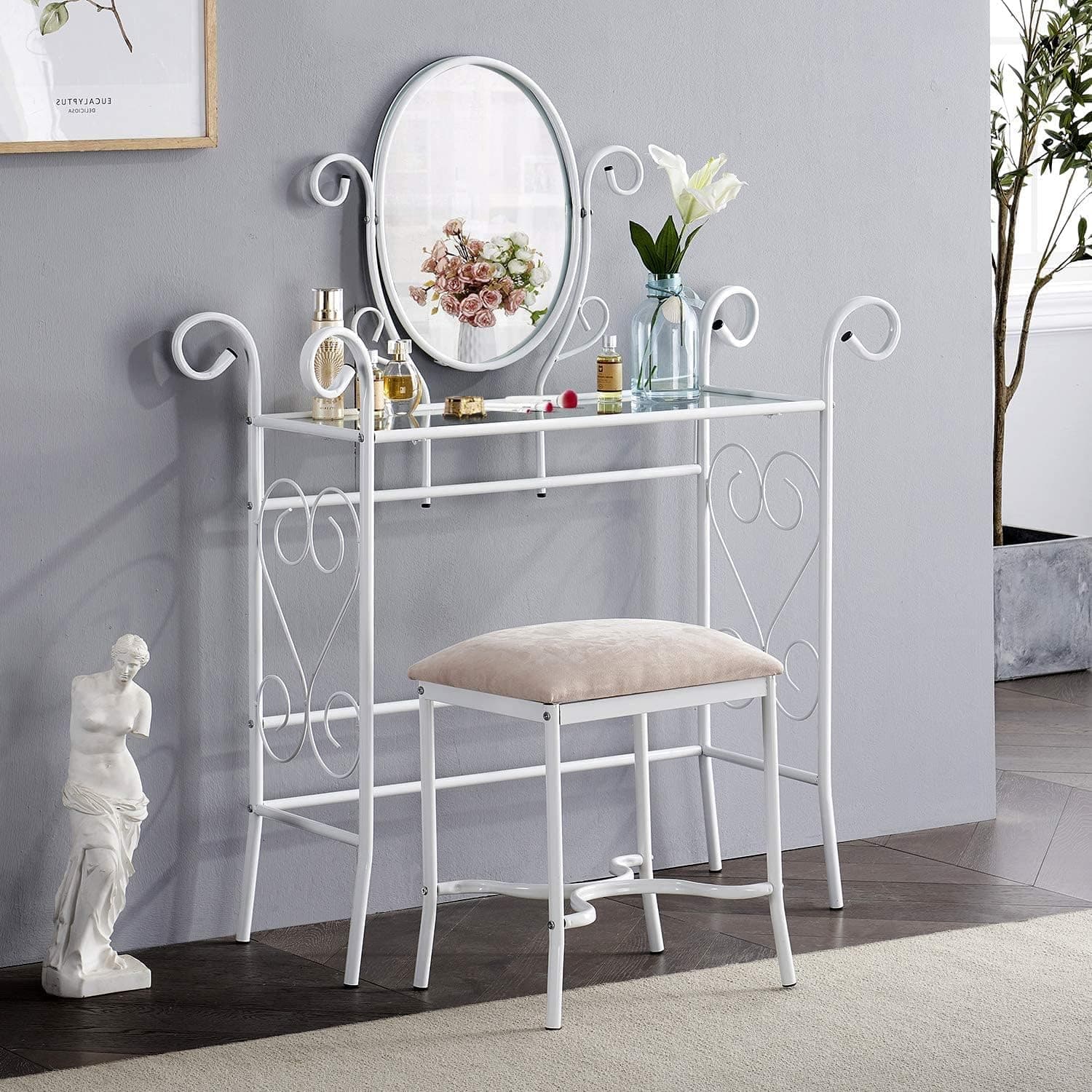 VECELO Classic Metal Set Bedroom Vanity with Glass Table Stool and Adjustable Mirror (White)