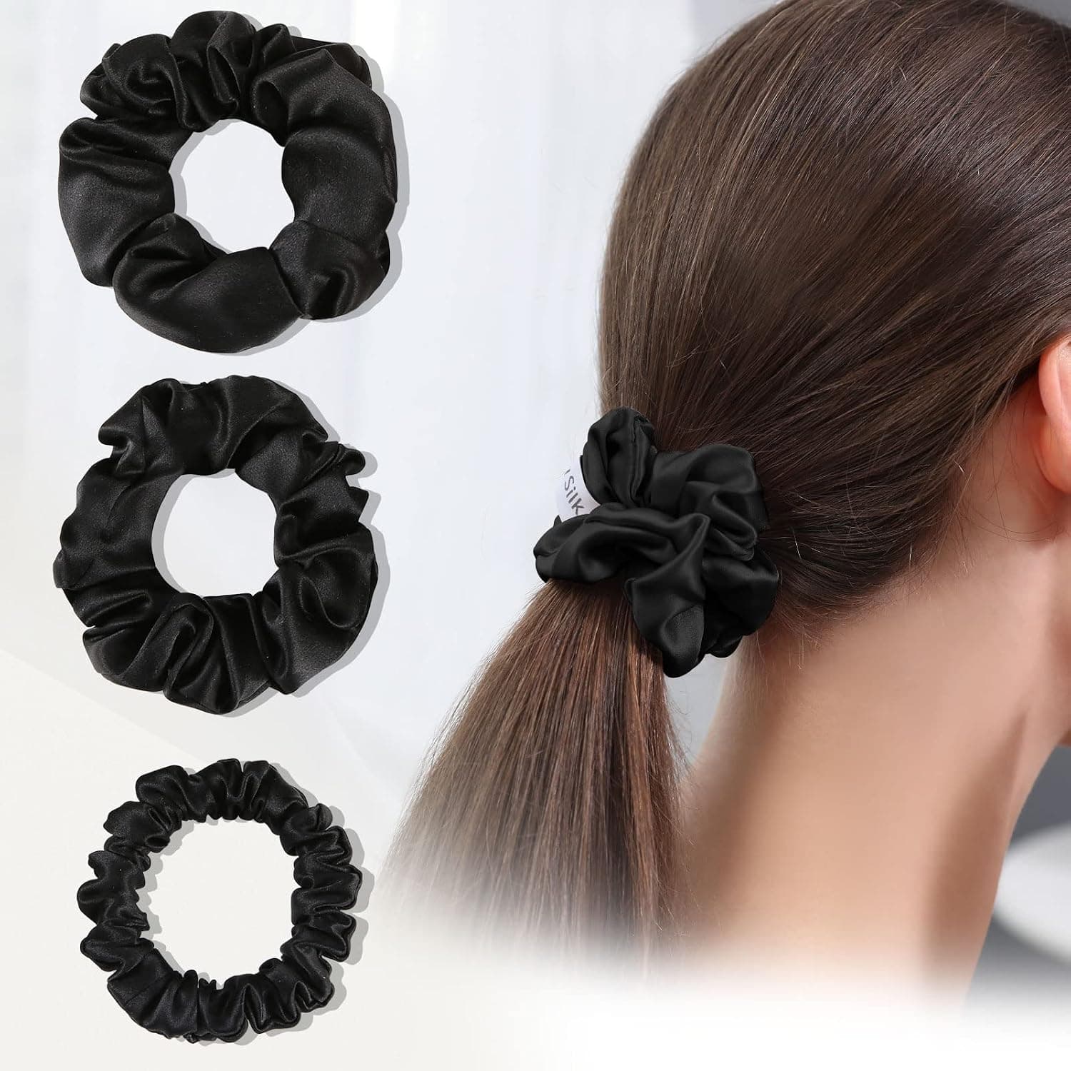 DAISYSILK 22 Momme Mulberry Silk Scrunchies for Hair Sleep 3 pcs Silk Hair Tie for Frizz and Breakage Prevention Thick Silk Scrunchies for Women Cute Girls Without Hair Damage Valentine's Day Gift, Black