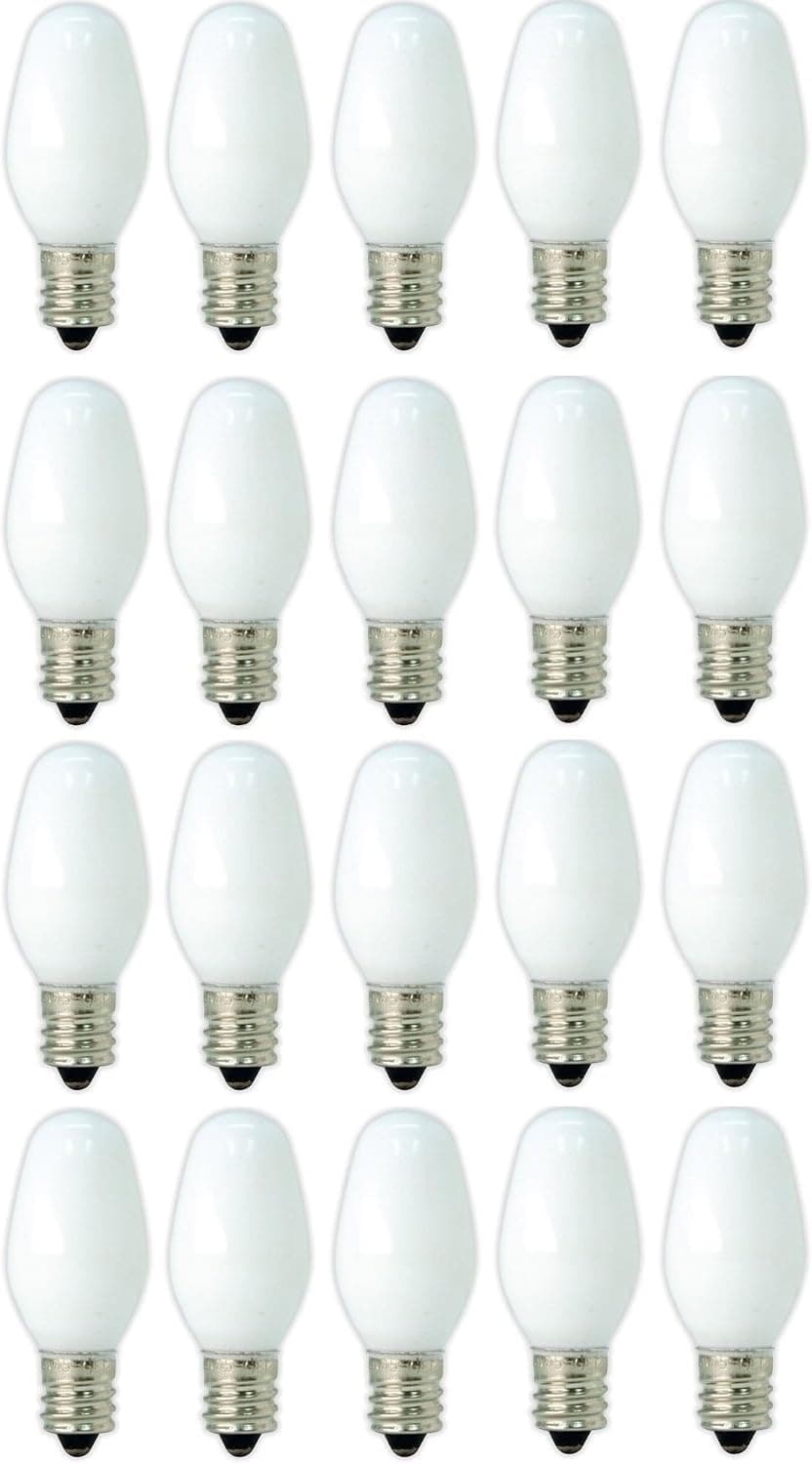 Pack of 20 7C7 7-watt C7 Incandescent Night Light Bulb, White, Candelabra (E12) Base Replacement Light Bulbs for Electric Candle Lamps