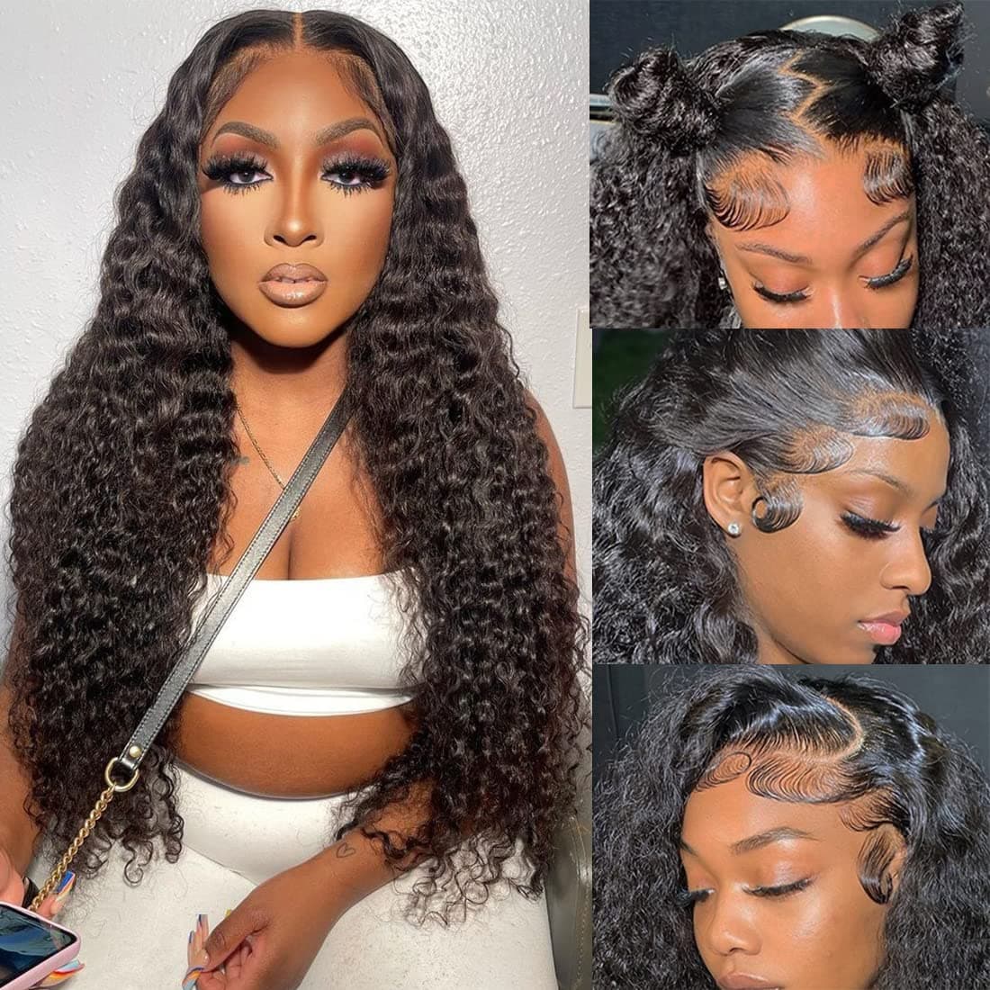 VRBest Deep Wave Lace Front Wigs Human Hair Wigs for Black Women 180% Density 13x4 Deep Wave Lace Front Wigs Human Hair HD Transparent Lace Curly Wigs Pre Plucked Curly Lace Frontal Glueless Wigs 16 Inch