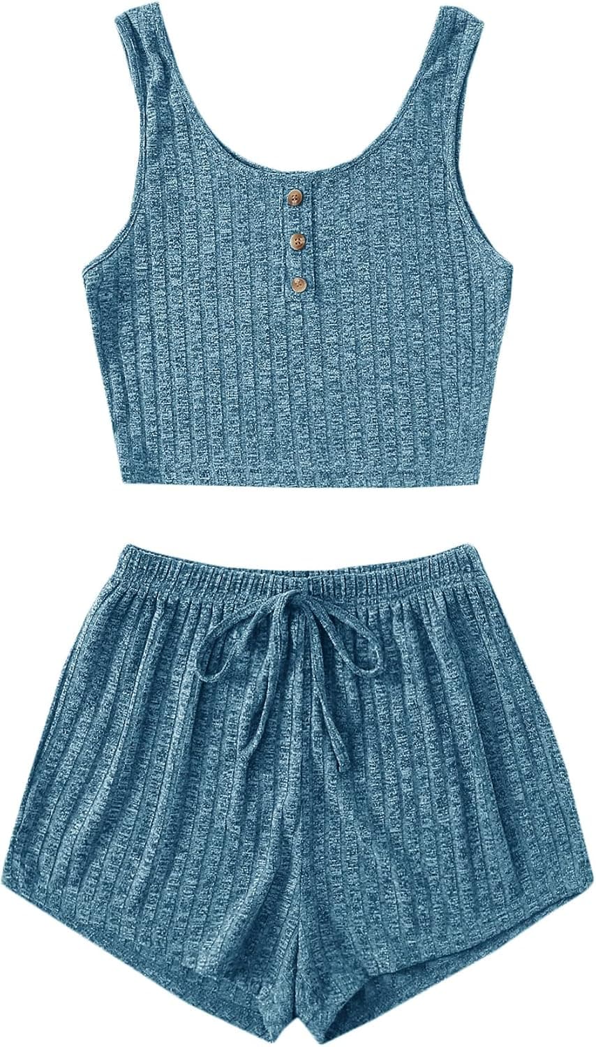 SheIn Women's 2 Piece Sleeveless Button Crop Tank Tops and Shorts Lounge Set