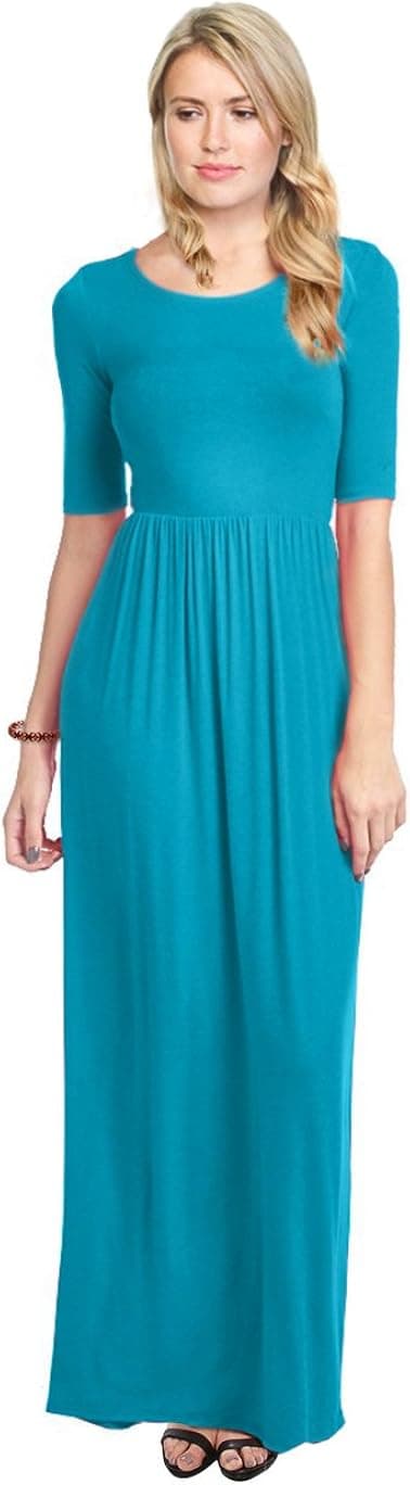 Simlu Women's Long Rayon Maxi Dress with Pockets, Scoop Neck and Empire Elastic Waist