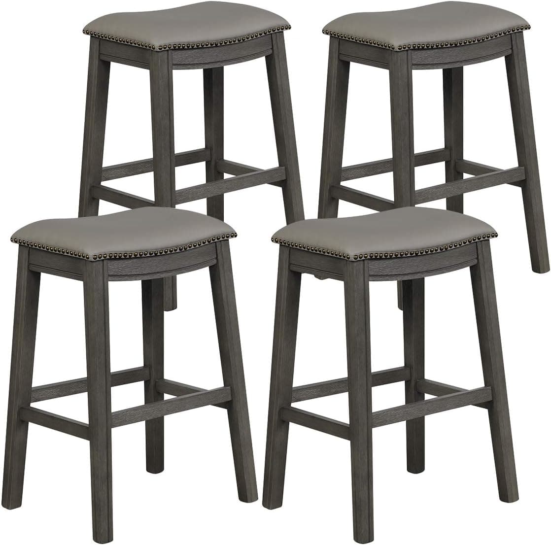 COSTWAY Bar Stools Set of 4, 29-Inch Height Backless Counter Stools with Footrest, Cushioned Seat, Sturdy Rubber Wood Structure, Easy Assembly Saddle Stools for Home Kitchen Living Room, Grey