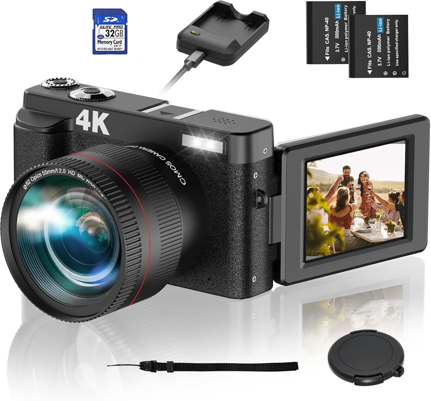 4K Digital Camera Camcorder, WiFi 48MP 60FPS Video Camera with 180° Flip Screen, 2 Charging Mode 16X Digital Zoom Vlogging Camera for YouTube with 32GB Memory Card and Wide Angle Lens Macro Lens