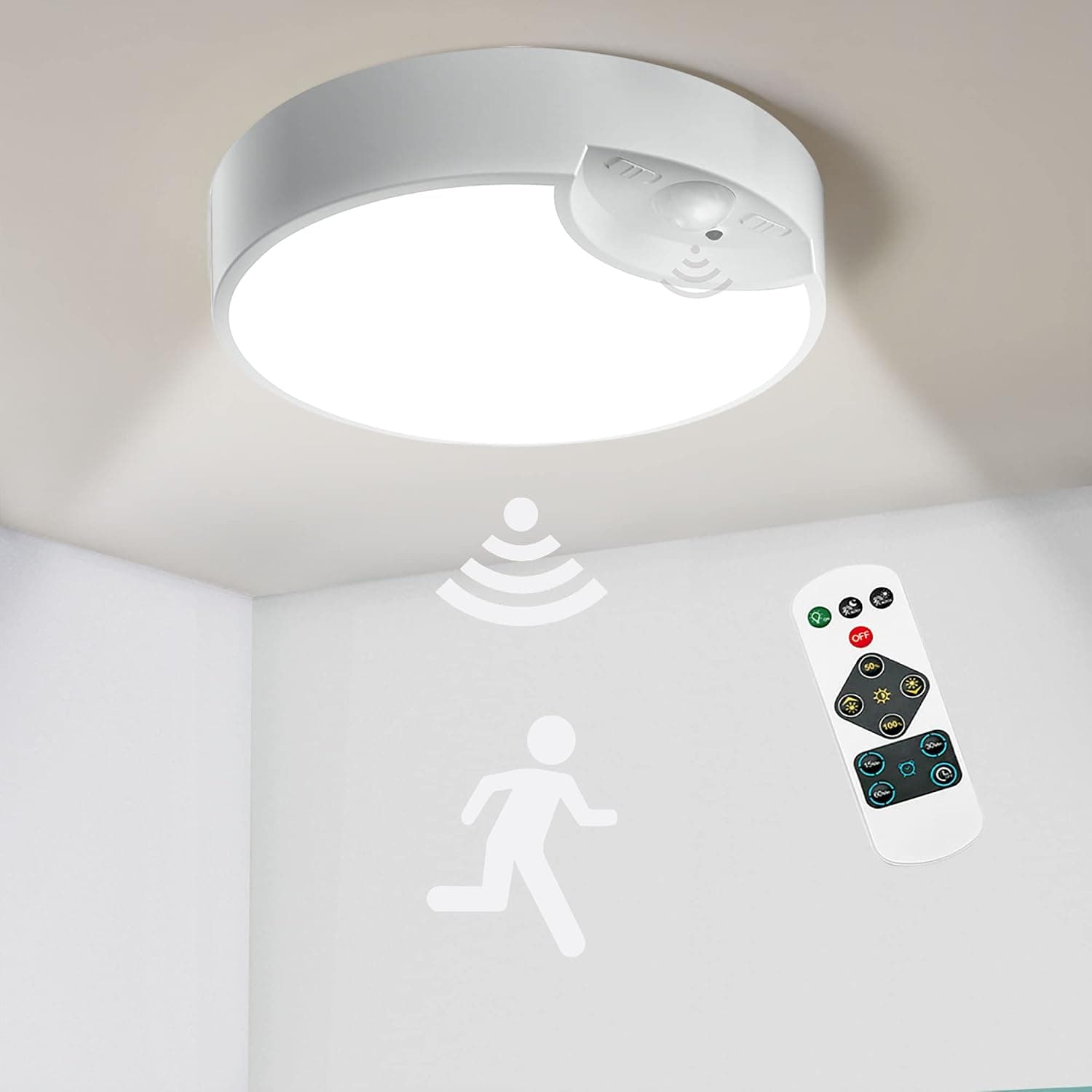 Motion Sensor Ceiling Light Indoor Battery Operated Nouscan Wireless LED Wall Lighting Fixture with Remote Dimmable Timer Daylight for Closet Garage Pantry Livingroom