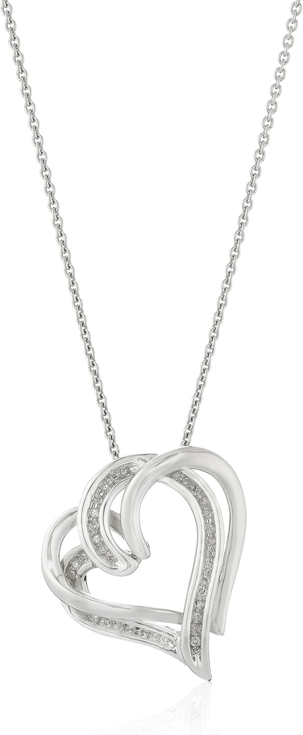 Amazon Collection Sterling Silver Diamond Double Heart Pendant Necklace