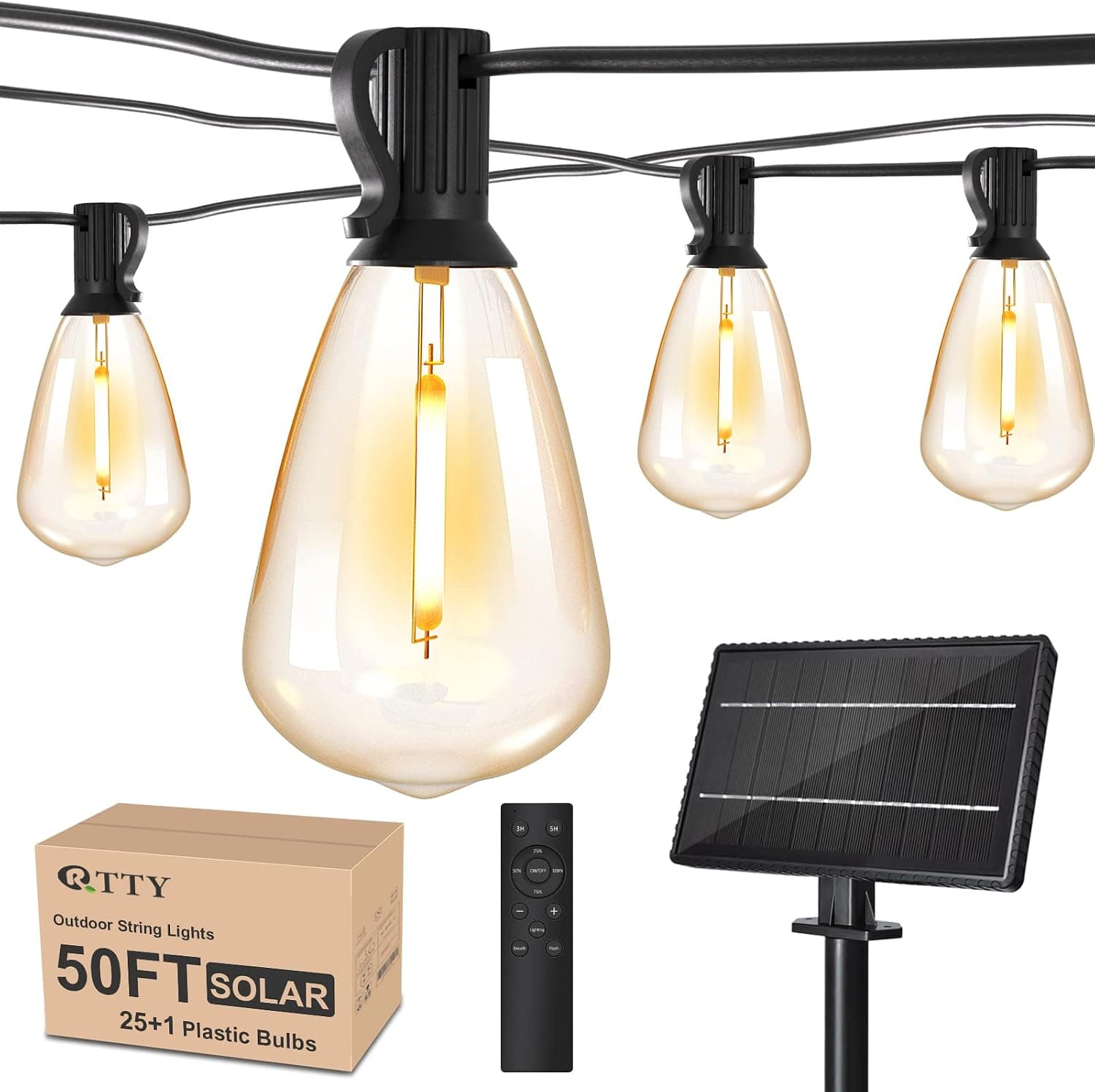 RTTY Solar String Lights Outdoor Waterpoof 50ft with 25pcs Dimmable Shatterproof ST38 Vintage Bulb,Remote Solar Powered Bistro,Cafe & Patio Lights