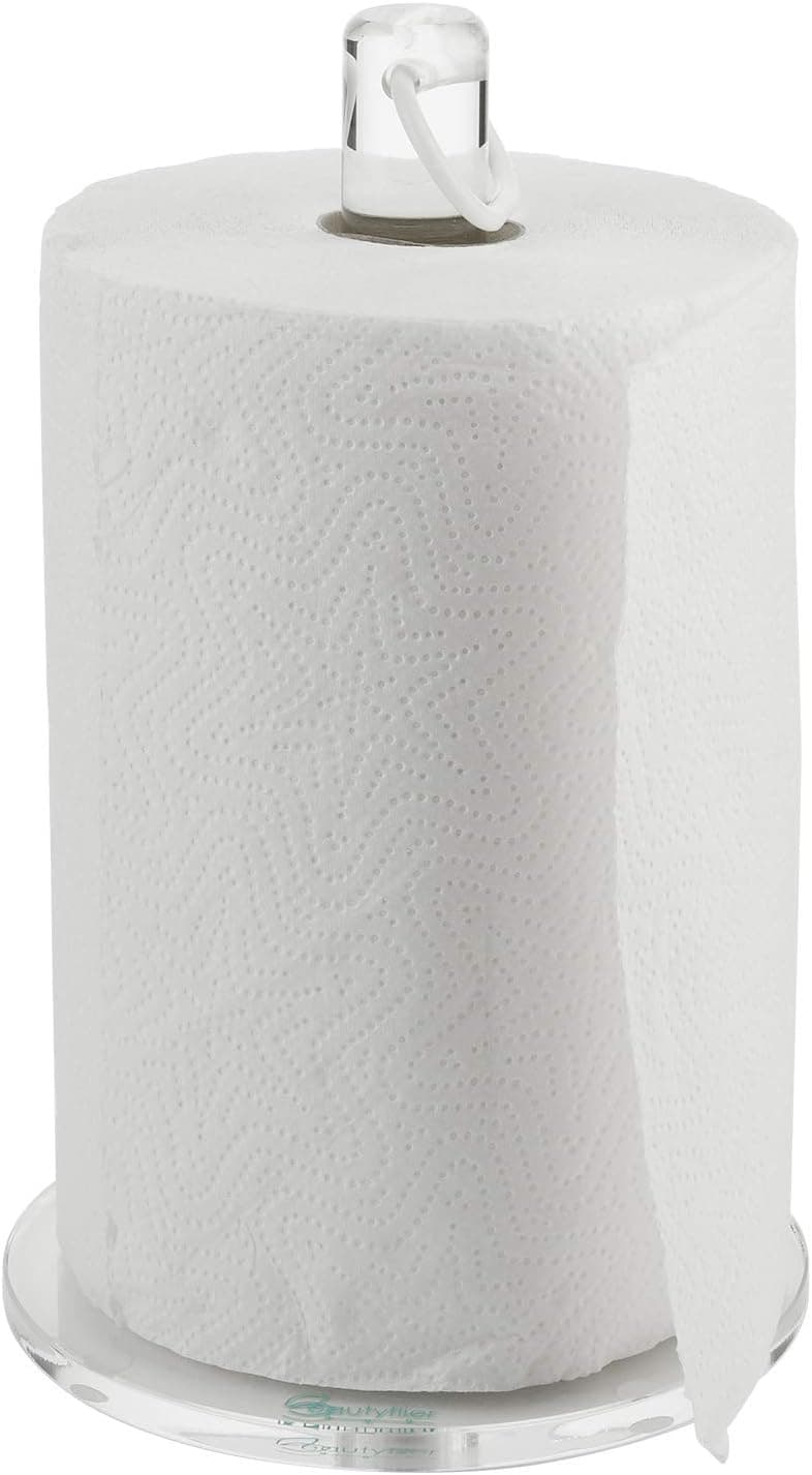Beautyflier Clear Acrylic Stand Up Paper Towel Holders Easy Tear Standing Roll Paper Towel Dispenser with Weighted Base for Kitchen Bathroom Dining Room (9.75IN)