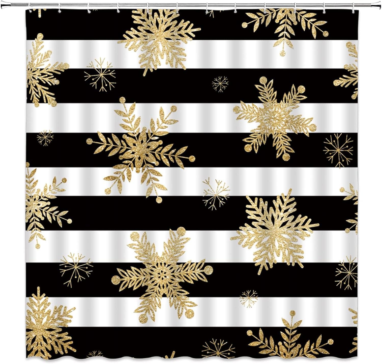 Snowflake Shower Curtain Black White Stripe Snowflake Creative Winter Holiday Season Festival Modern Art Merry Christmas Fabric Curtain Sets with Hooks,Gold Black White