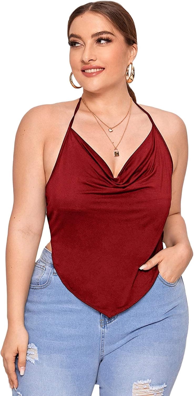 Floerns Women's Plus Size Cowl Neck Sleeveless Self Tie Crop Cami Bandana Top