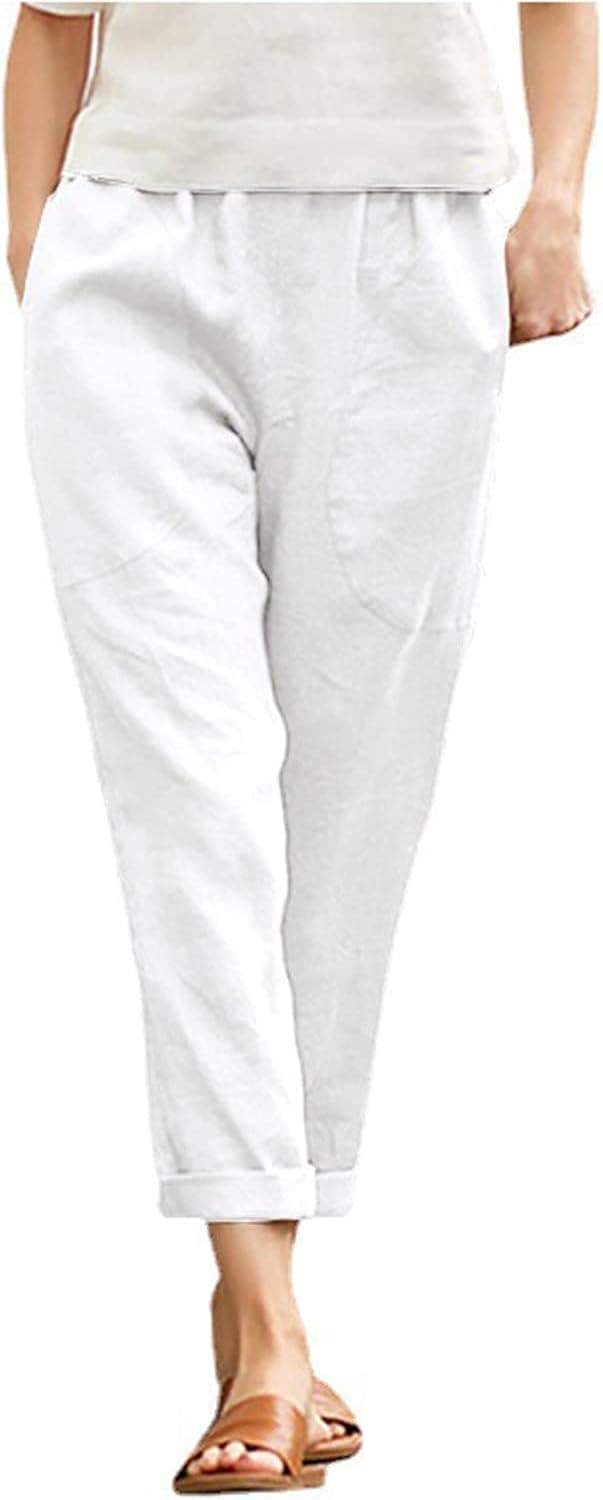 FEDULK Womens Linen Wide Leg Pants High Waisted Drawstring Baggy Loose Beach Pants Trousers with Pockets Plus Size