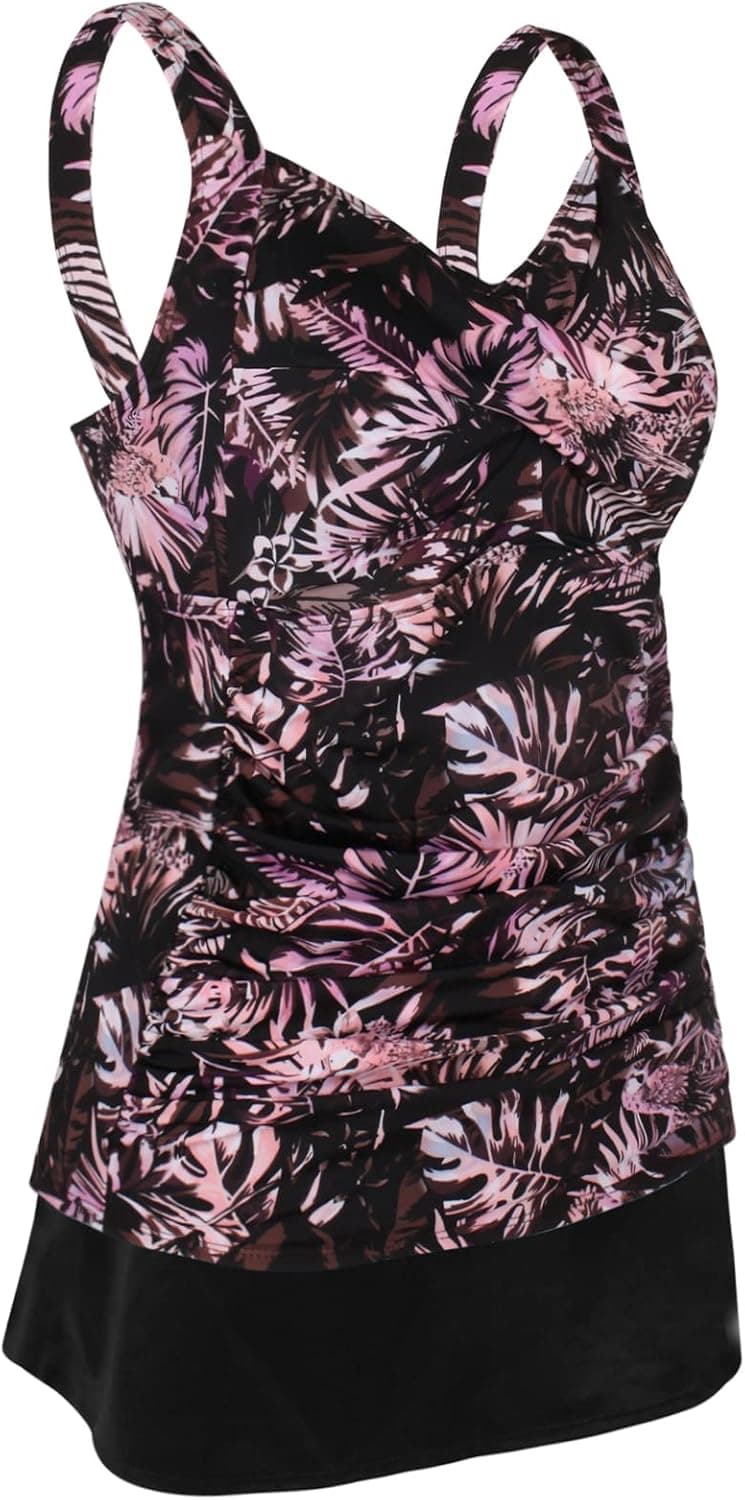 JINXUEER Women’s Plus Size Swimwear Floral Tankini Set Ruched Modest Two Piece Skirt Swimsuit