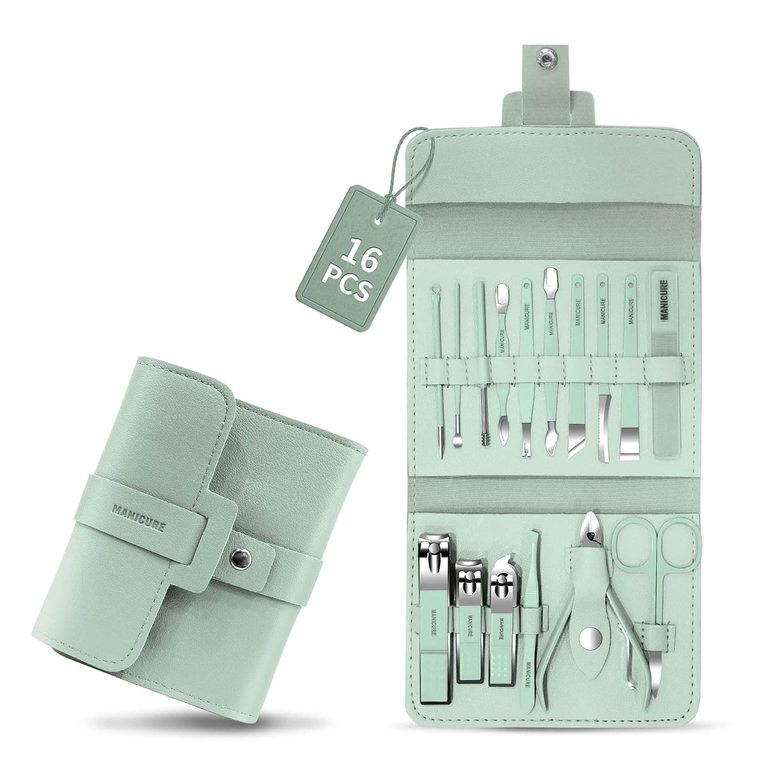 Tirdkid 2022 New Mens Manicure Set,16 in 1 Manicure Kit Professional Stainless Steel, Men's Manicure for Travel or Home （Mint Green）