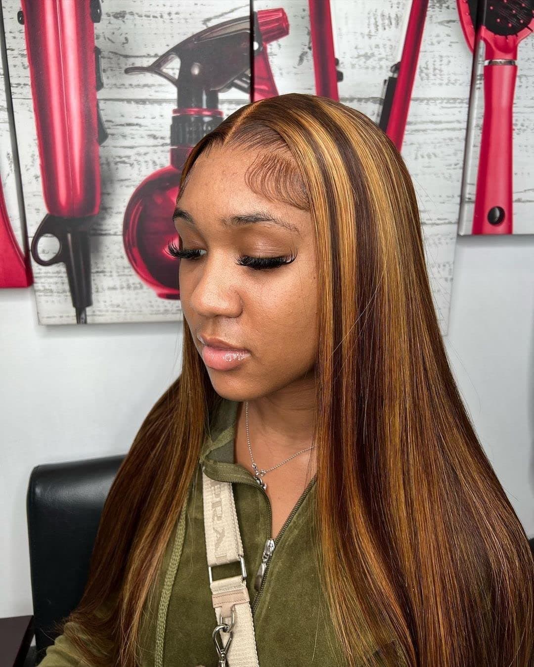 BEEOS 22 Inch Blonde Highlight Lace Front Wig Human Hair 13x4, 4/27 Brown to Blonde Streak Pre Plucked Brazilian Straight Hair Wig for Women 150% Density with Baby Hair