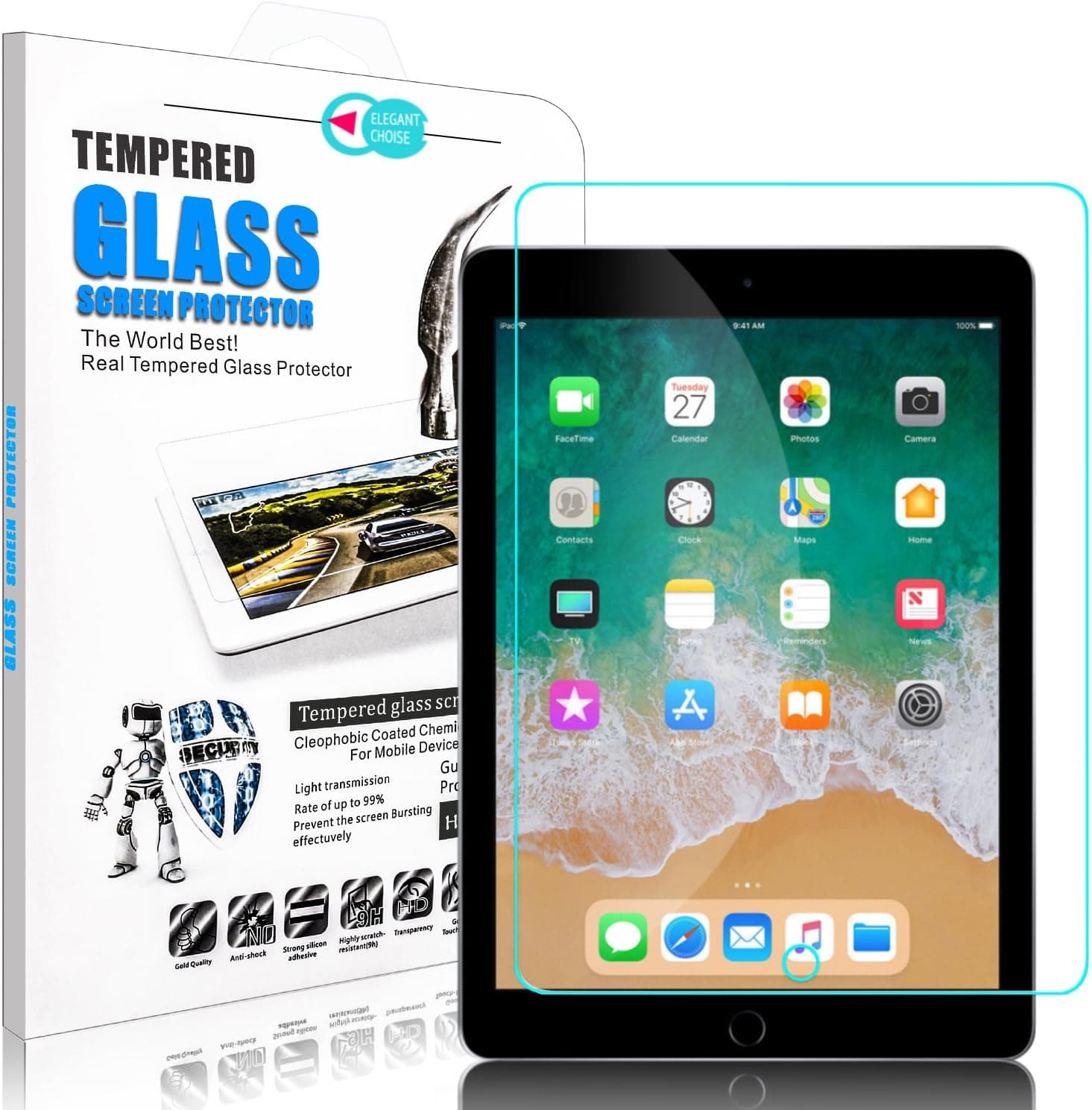 Elegant Choise New iPad 9.7 inch 2018 & 2017 / iPad Pro 9.7 Screen Protector, iPad 5th, 6th Gen, A1823, A1822 Tempered Glass Screen Protector-High Definition Bubble Free Scratch Resistant(1 Pack)