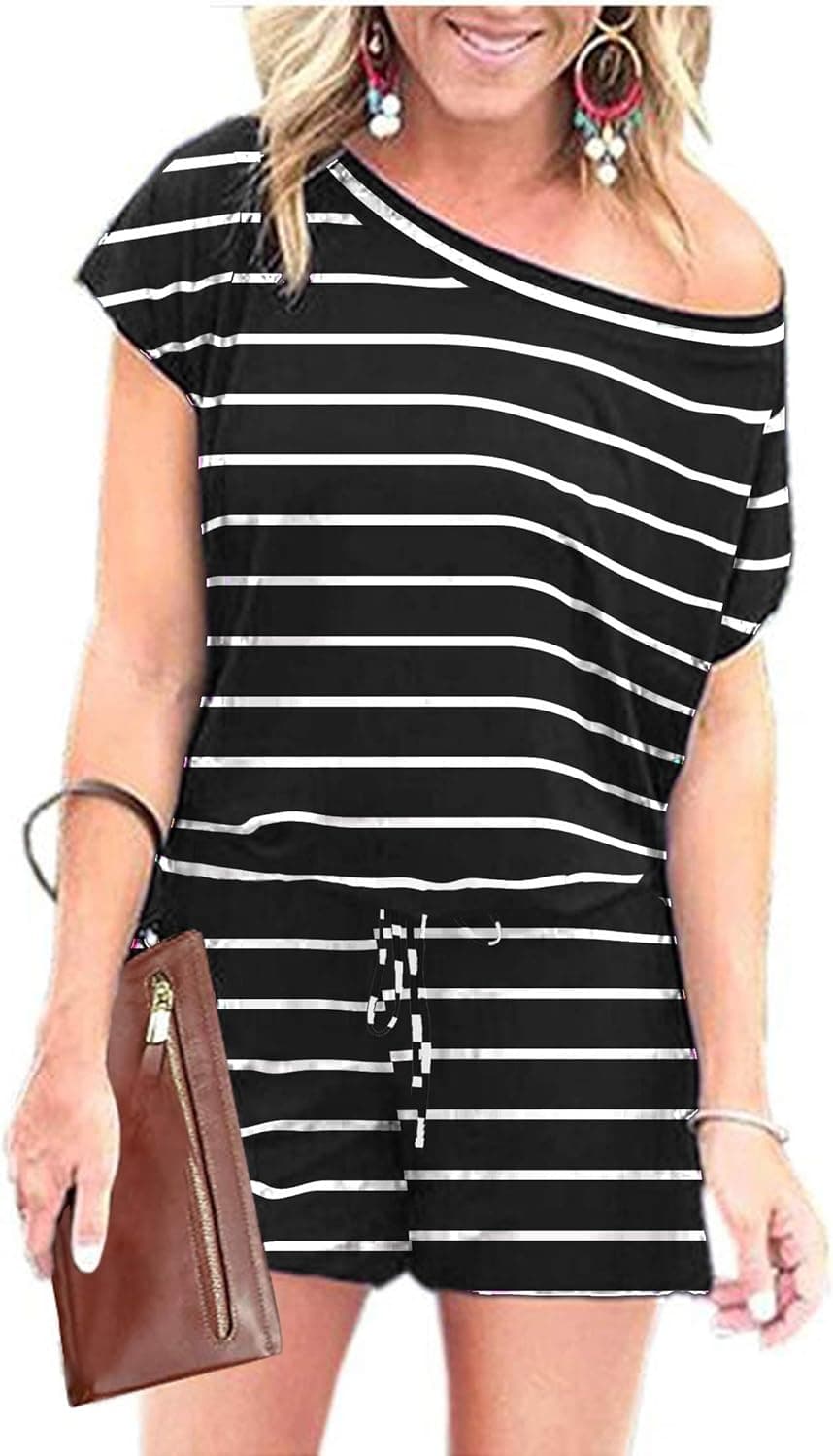 Calbetty Women's Loose Fit Off Shoulder Elastic Waist Beam Foot Jumpsuit Rompers with Pockets