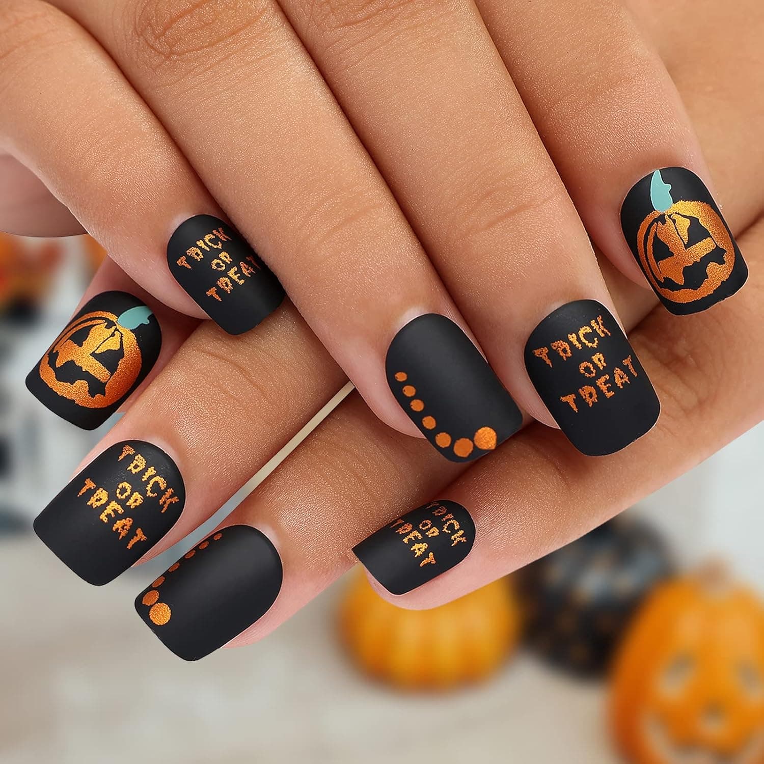 Kikmoya Halloween Press on Nails Short Suqare Black Fake Nails with Orange Pumpkin Spots Design Stick on Nails for Women 24pcs Matte Acrylic Artificial False Nails (Orange Pumpkin Short)