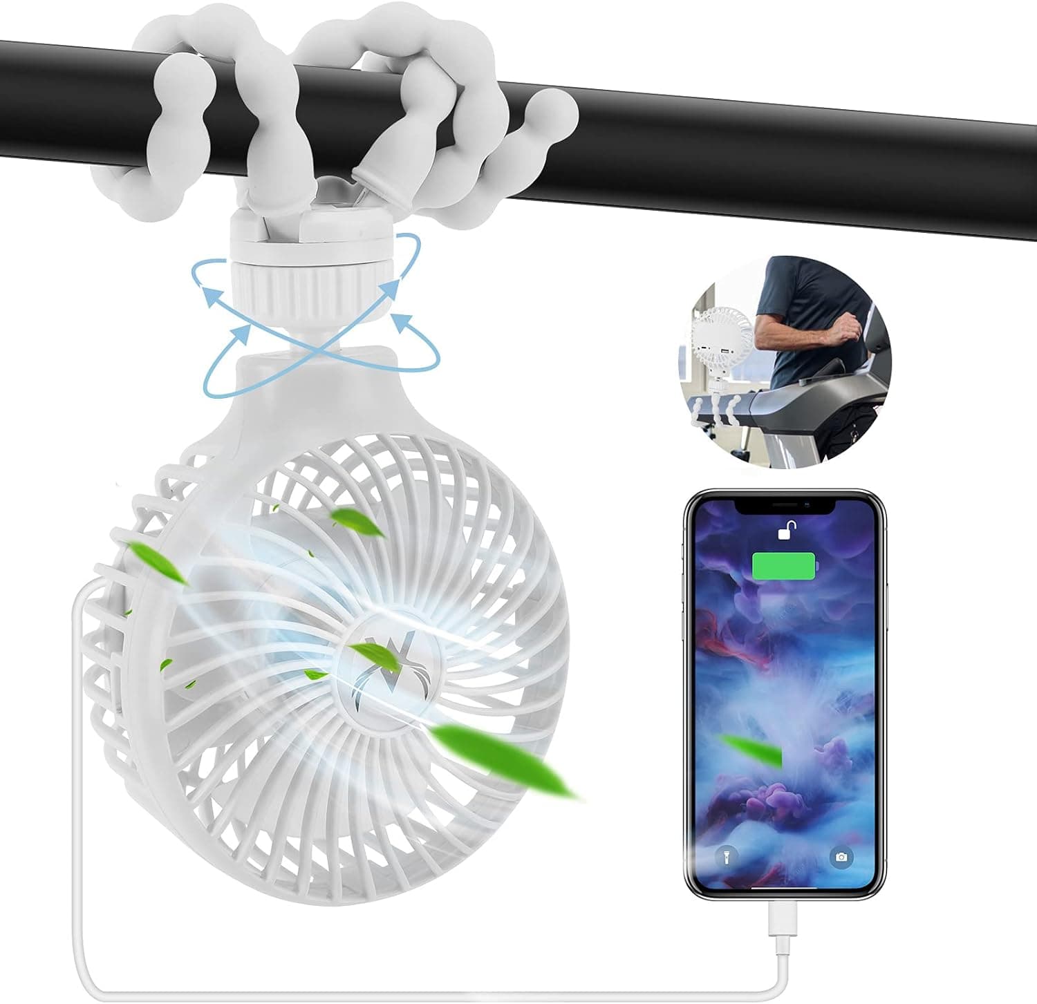 Apatner Portable Stroller Fan for Baby, Bike Fan Mini Handheld Stroller Fan USB Treadmill Fan Desk Fan, Rechargeable Fan with 4000mAh Power Bank 4 Speed 360 °Rotation Fan for Car Bed Office(White)