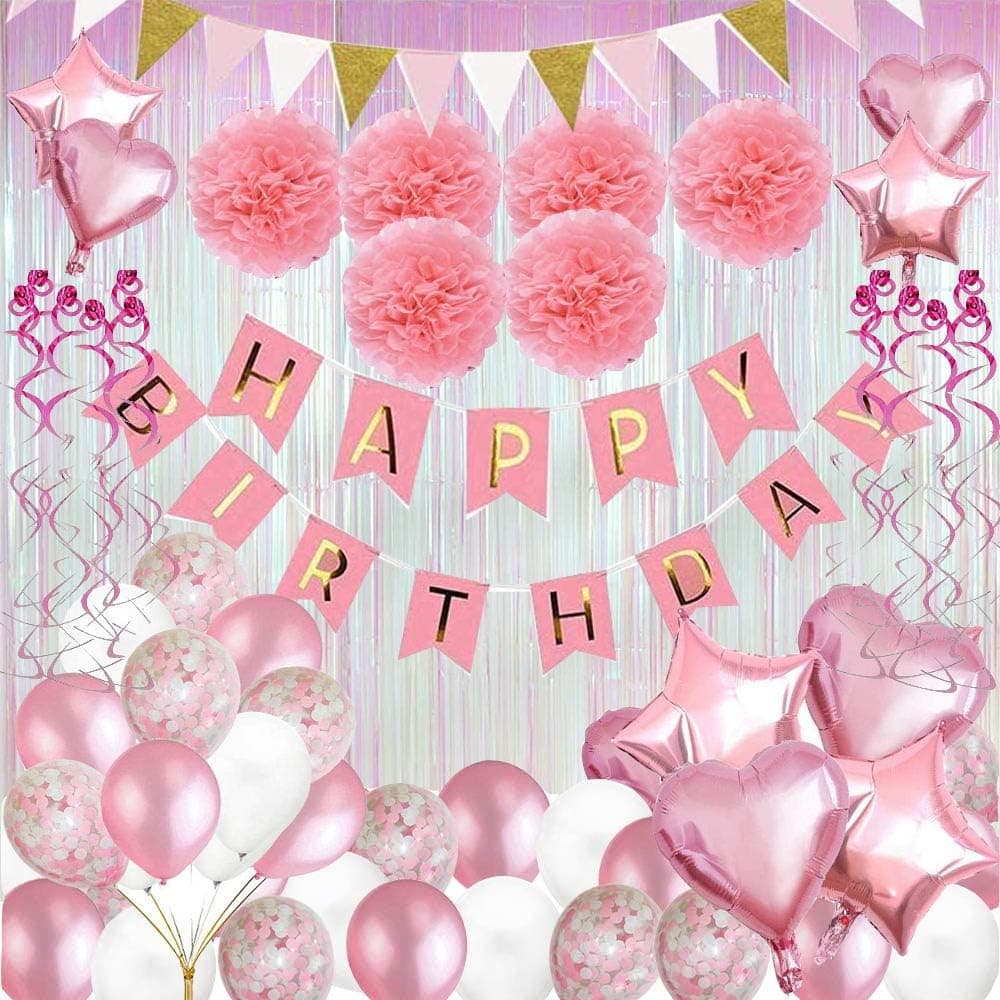 Birthday Party Decorations, 80 pcs Balloons Party Decoration for Girl Women with Pink Happy Birthday Banner Fringe Curtain Tissue Paper Flowers Hanging Swirls for Birthday Party Supplies