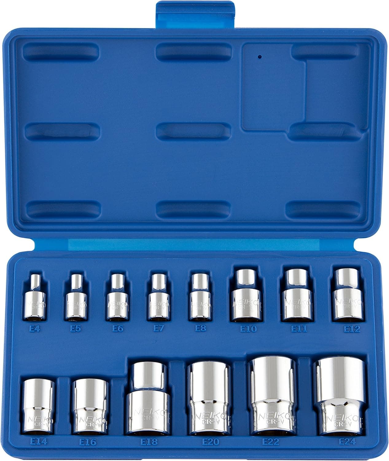 NEIKO 04300A E-Torx Socket Set, 14 Piece, External Torx Socket, E4 to E24, 1/4”, 3/8” and 1/2” Drive, Female Star External Torx, Inverted Torx Socket Set, Cr-V Steel