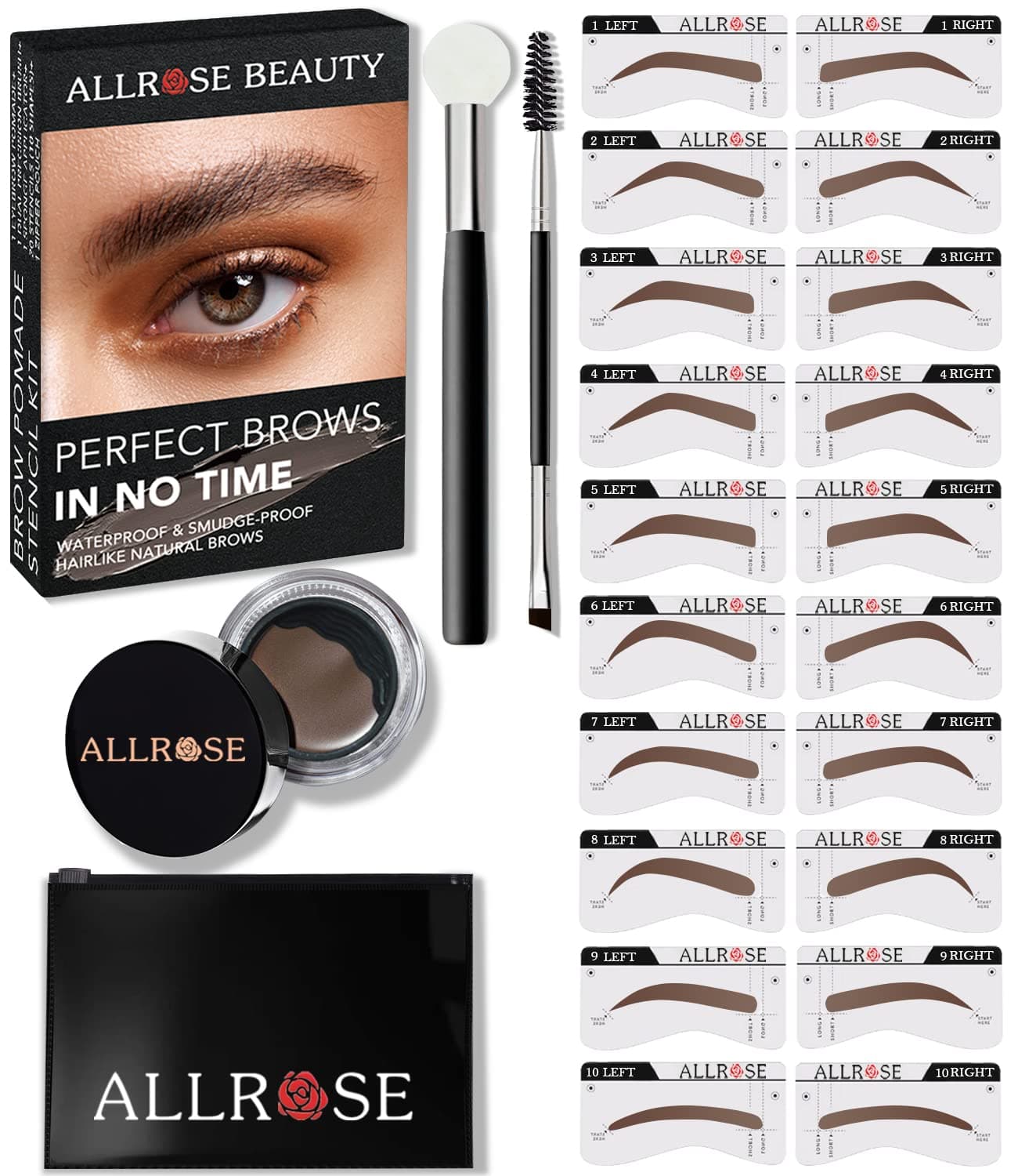 ALLROSE Eyebrow Stamp and Eyebrow Stencil Kit - Eye Brow Stamping Kit for Perfect Bushy Eyebrows, 20 Brow Stencils, Brow Stamp Trio Kit with Sponge Applicator, Waterproof Eyebrow Kit, Taupe