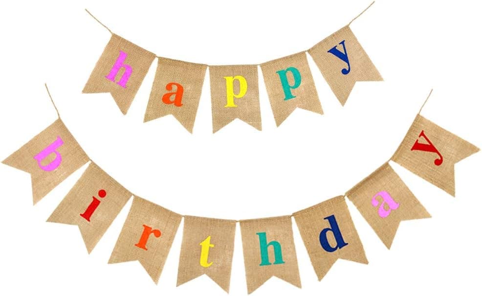 jijAcraft Happy Birthday Printed Burlap Bunting Banner Flag,Linen Pennant Flag Garlands Fabric Flags Vintage Cloth Shabby Chic Decoration for Birthday Parties, Ceremonies, Bedrooms