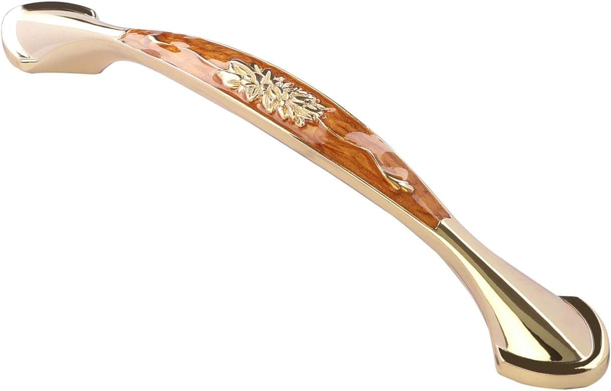 Solid Gold Cabinet Hardware Handle Pull Amber Red with Gold Flower Dresser Wardrobe Pull - 5.04" (128mm) Hole Centers, 3 Pack, Brown Amber
