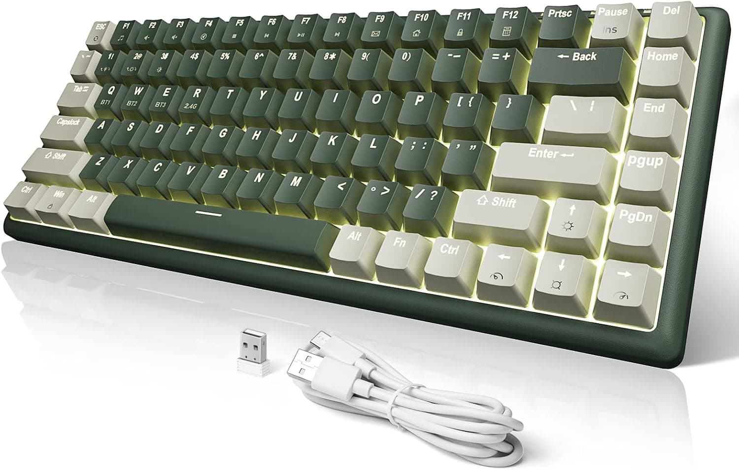 xtremtec Wireless Bluetooth Backlit Keyboard Hybrid Mechanical, USB 2.4G Cordless Compact Cute 80% Computer Keyboard with Multicolor Backlights for Windows Laptop PC Mac Tablet iPad (Green/Gray-B)