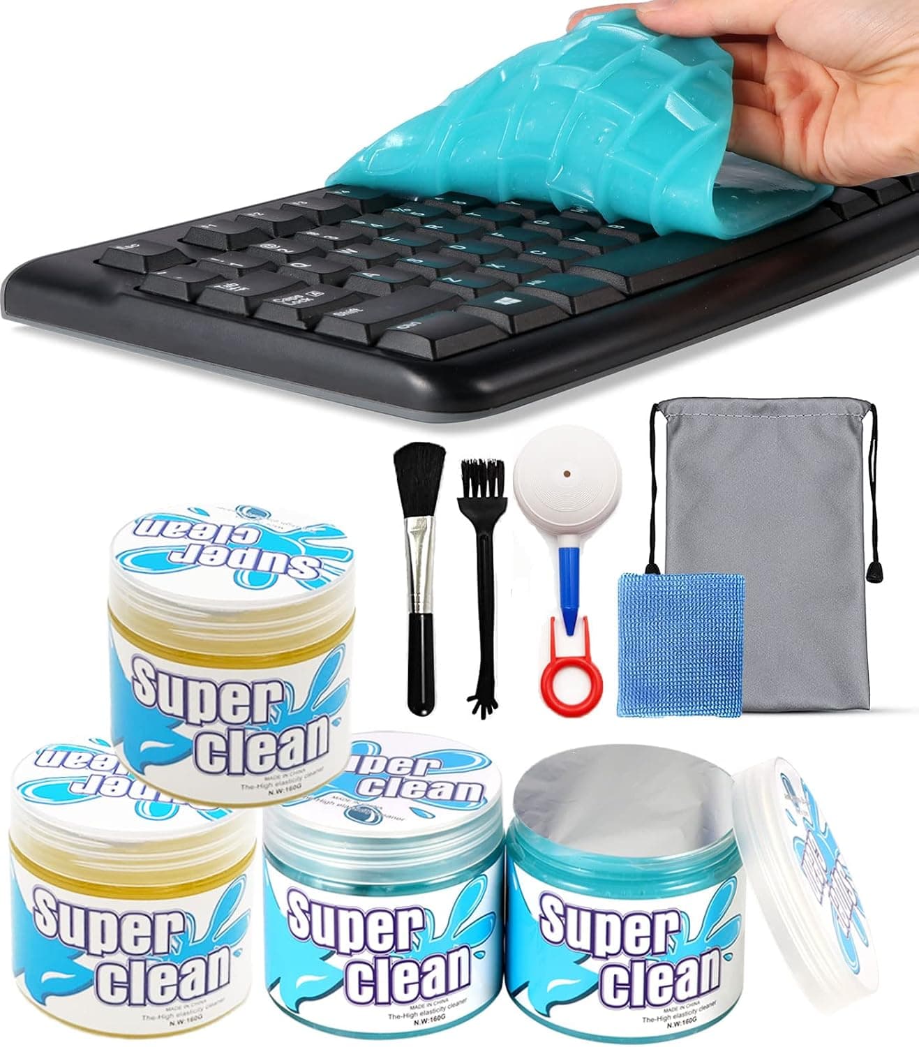 Adhjito 4 Pack Keyboard Cleaner, Cleaning Gel with 6 Cleaning Kit, Car Interior Cleaner Putty for PC Tablet Laptop Keyboard, Car Vents, Printers, Calculator - 640g