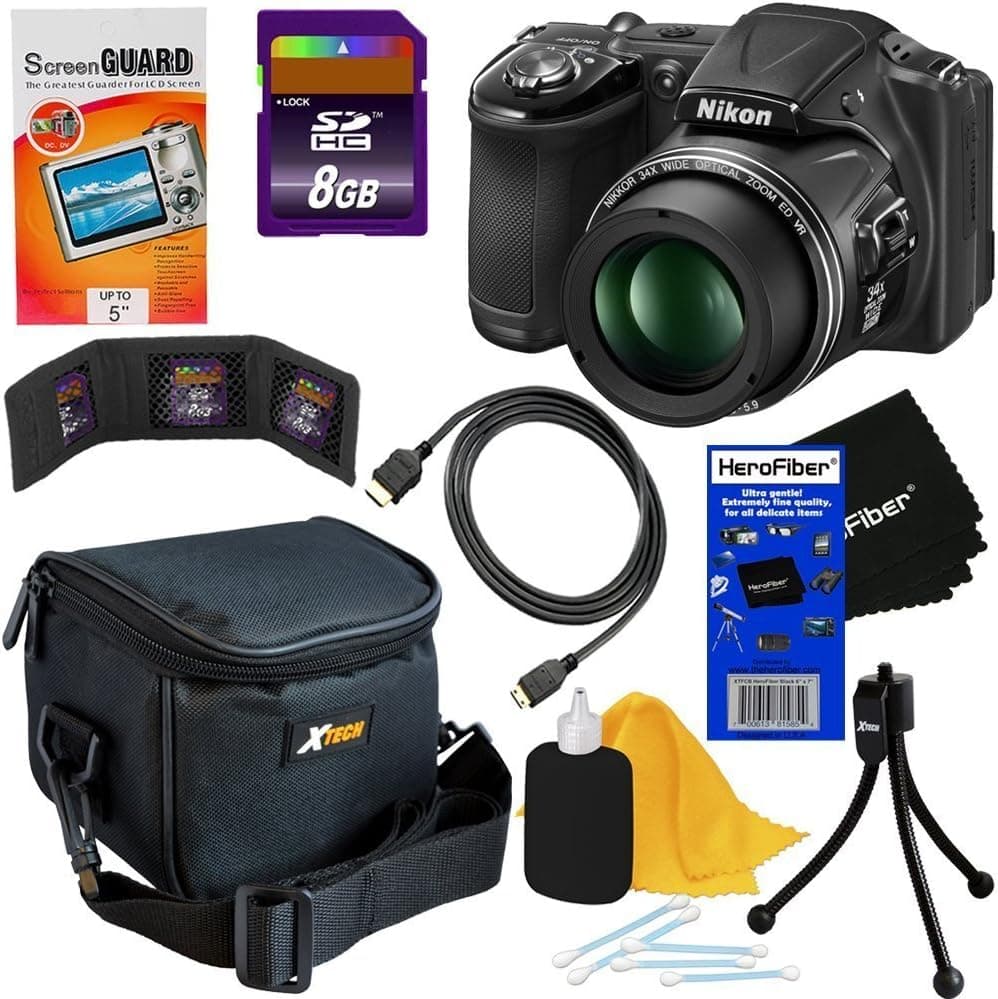 Nikon COOLPIX L830 16 MP CMOS Digital Camera with 34x Zoom NIKKOR Lens, HD Video & Tiltable 3" LCD - Black - International Version (No Warranty) + 8pc Bundle 8GB Accessory Kit w/ HeroFiber Ultra Gentle Cleaning Cloth