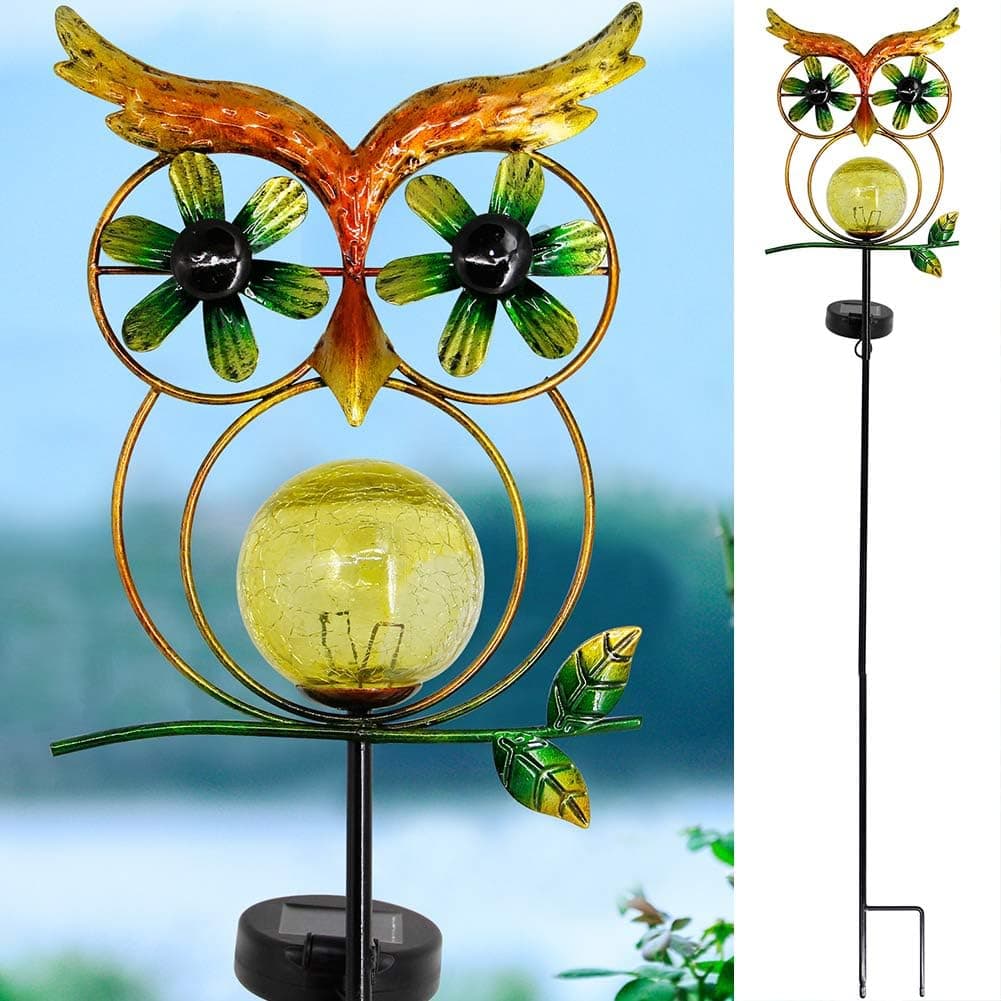 MAGGIFT 39.5 Inch Garden Solar Owl Light, Solar Powered Outdoor Wind Spinner Metal Stake Lights, LED Lighting Glass Ball, Wind Catcher Decorative Lights for Walkway, Pathway, Yard, Lawn, Warm White