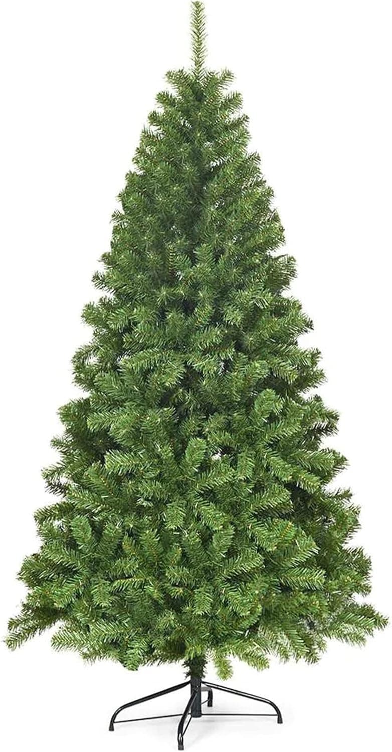 6 ft Christmas Tree, Full Fir Artificial Christmas Tree, Hinged Unlit Xmas Trees with 600 PVC Branch Tips, Metal Stand, Foldable Base, Fake Christmas Tree for Indoor Home Office Party Decoration