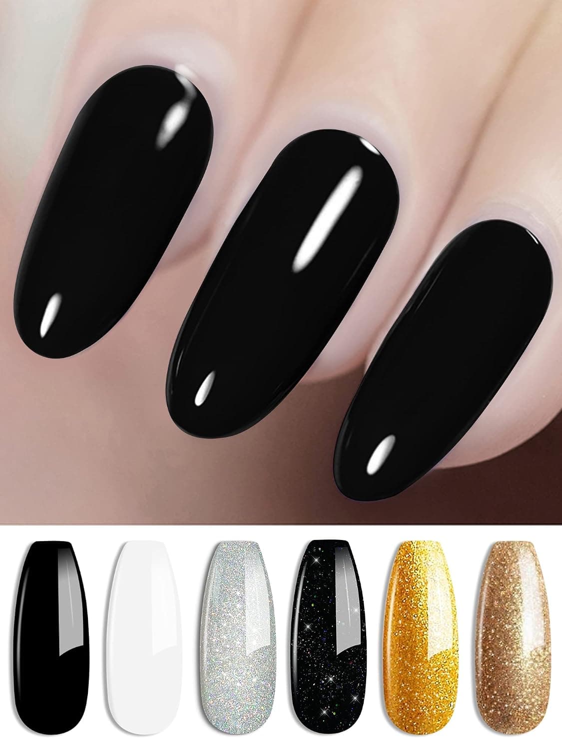 YTD Likomey Gel Nail Polish Kit, Classic Sparkle White Black Gold 6 Colors with Base and Glossy Top Coat Manicure Gift Set,Silver Black Glitter Gold Champagne UV Nail Gel Polish,8 Pcs 6ml