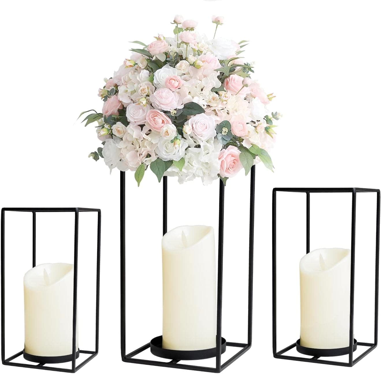 HPC Decor 3PCS Black Metal Lanterns Decorative- 7in 9in 11in Candle Lantern Centerpieces for Table Decor- Modern Farmhouse Lantern Decor for Home Decor, Wedding Decor, Living Room, Party, Holiday