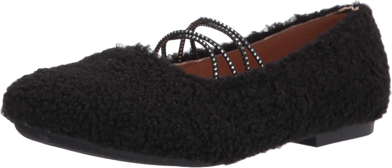 YOKI-GENEVA-21 Women's Furry Ballet Flat with Four Elastic Straps, Black, 6.5 M US