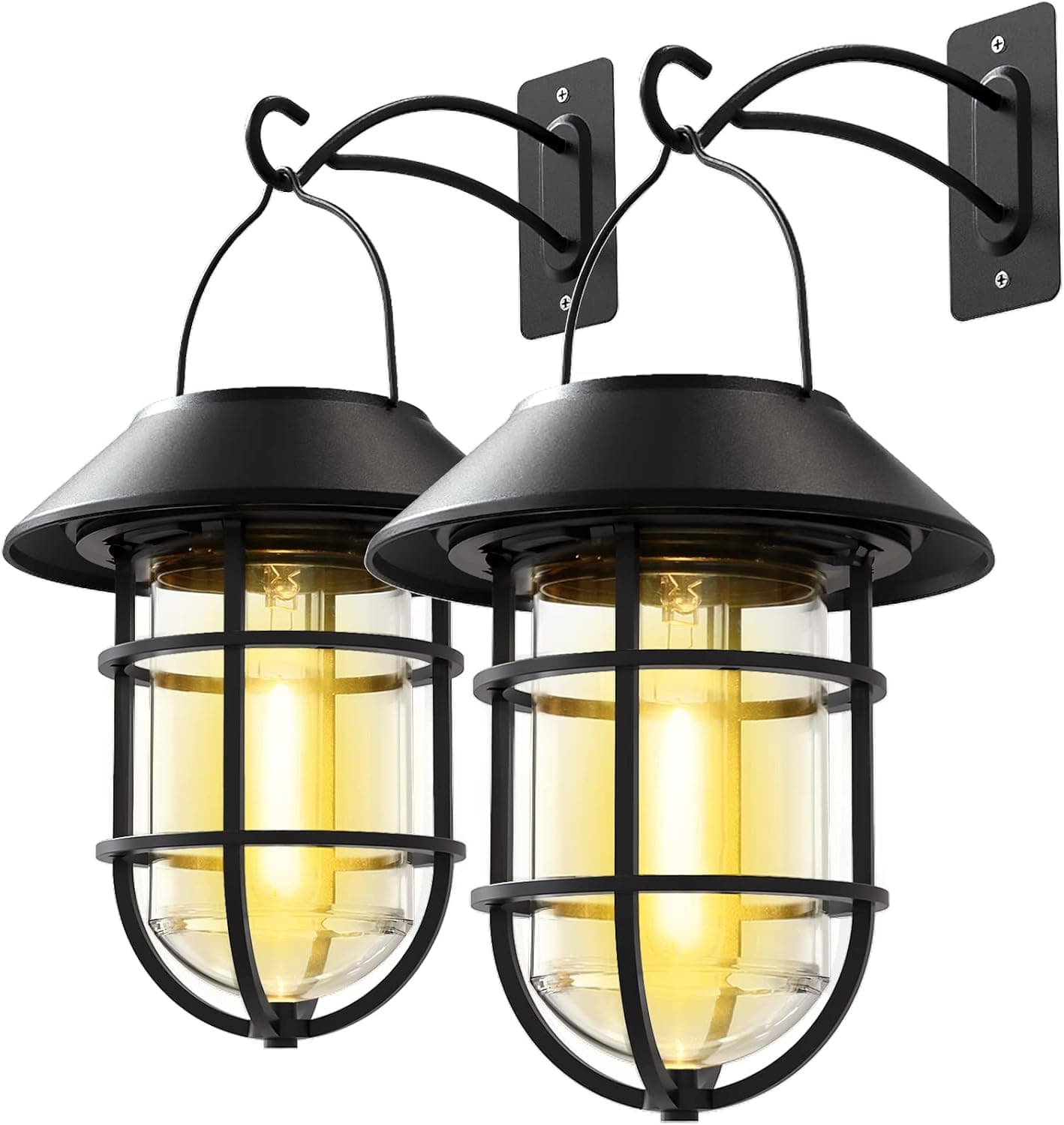 Solar Lantern Outdoor Hanging Solar Lights, Waterproof Metal Solar Outdoor Lights with Clear Glass, LED Edison Bulbs Decorative Wall Lantern with Hooks, No Wiring Required, 2 Pack