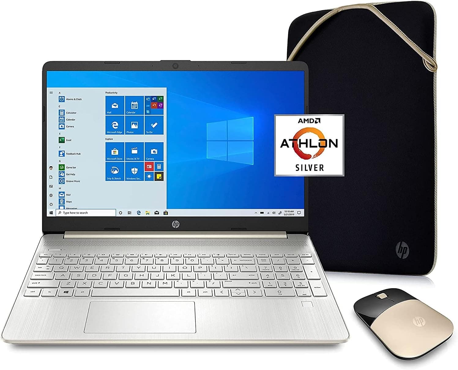 2021 Newest HP 15 15.6" HD Display Laptop Computer, AMD Athlon Silver 3050U (up to 3.2GHz, Beat i3-8130U), 8GB RAM, 256GB SSD, WiFi, Bluetooth, HDMI, Webcam, Win 10S, Pale Gold, AllyFlex Mouse, Sleeve