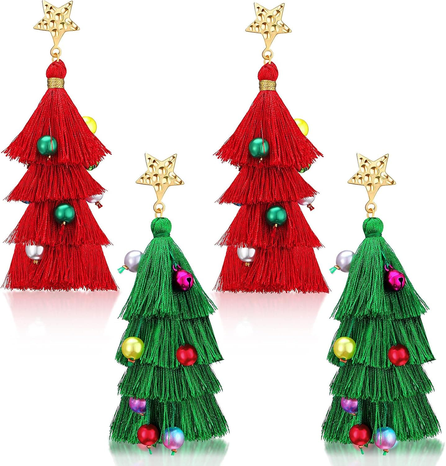 2 Pairs Christmas Tree Tassel Earrings Bohemian Layered Tassel Earring Dangle Drop Earrings Fringe Earrings with Xmas Bell Beads for Women Girls