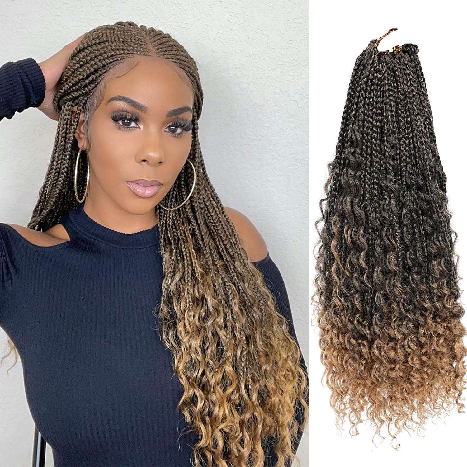 Box Braids Crochet Hair Goddess Box Braid Crochet Hair 24 Roots/Pcs Ombre Bohemian Box Braids Crochet Hair With Curly End Goddess Curls 3X Crochet Hair Boho Crochet Hair 6 Packs (22INCH-2packs, T27) … …