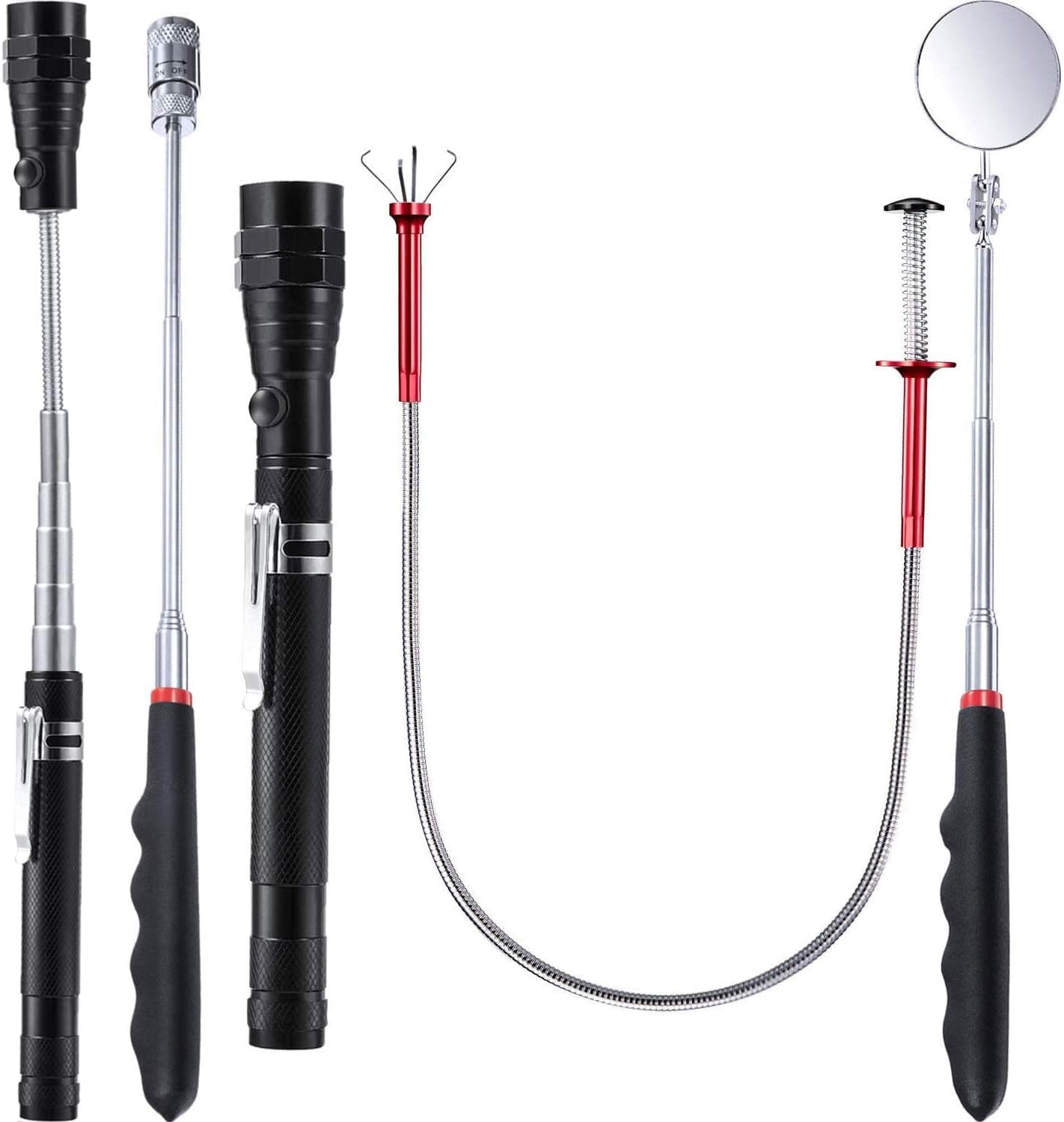 Chuangdi 4 Pieces Magnet Pick Up Tools, 8 lb/ 5 lb Telescoping Magnetic Pick-Up Grabber Tool with LED, 4 Claw Pick Up Tool and Round Inspection Mirror with Telescoping Handle 360 Swivel Viewing