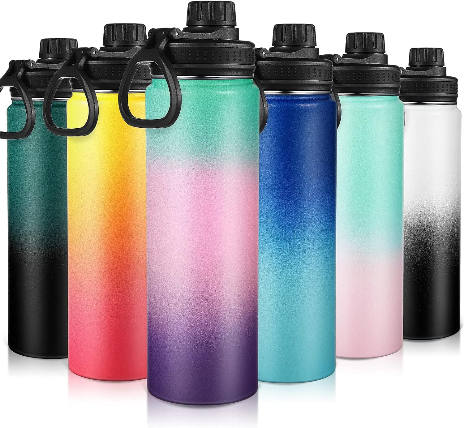 6 Pieces Sports Water Bottle 22 oz Stainless Steel Vacuum Insulated Wide Mouth Metal Canteen with Leakproof Spout Lid Hot Cold Water Bottles for Women Men