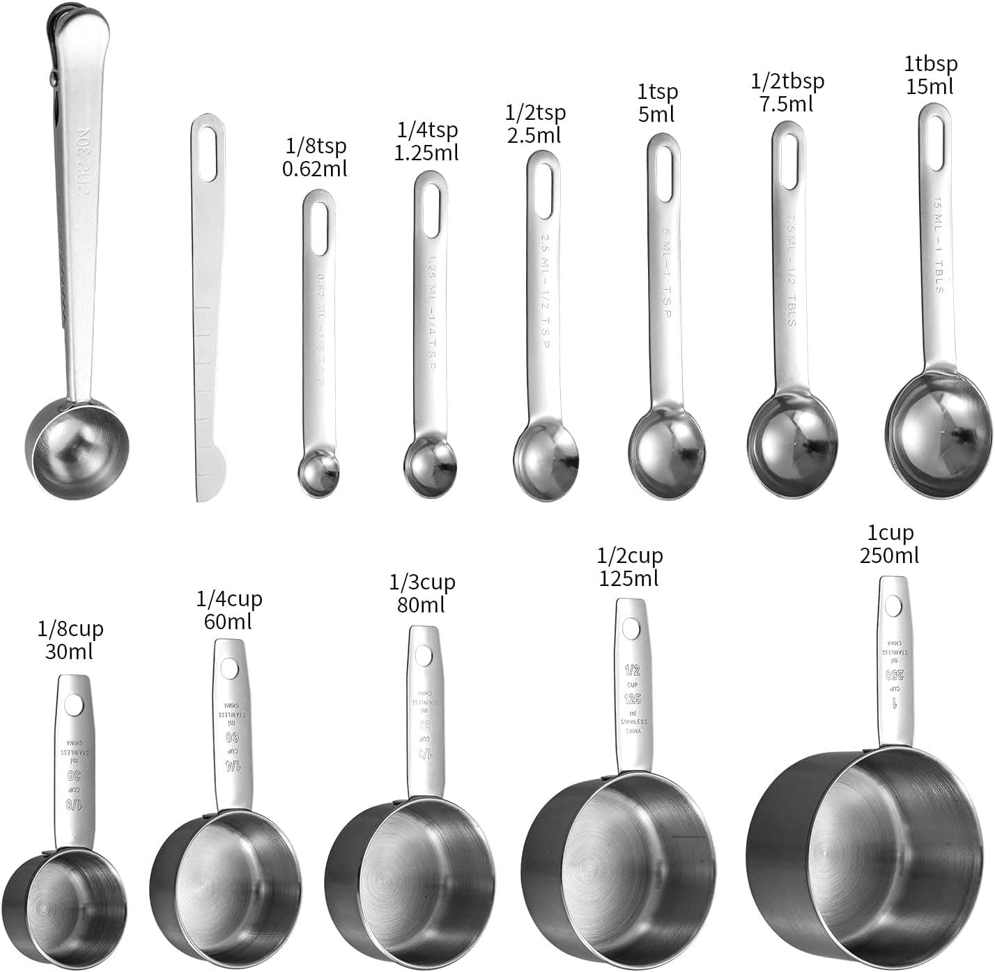 Measuring Cups and Spoons Set of 13, 18/10 Stainless Steel Stackable Accurate Tablespoon, 5 Measuring Cup 6 Mini Measuring Spoon 1 Leveler & Coffee Scoop Clip for Cooking Baking Dry Liquid Ingredients