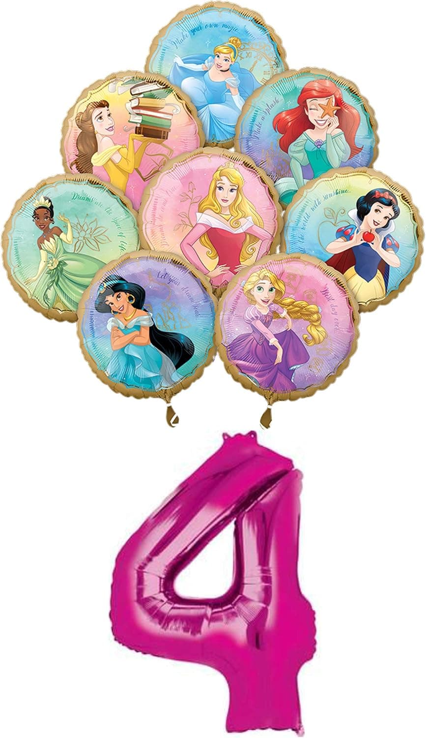 Princess Party 4 Year Old Birthday Balloon Bouquet Bundle, 8 Princesses, Includes 9 Foil Balloons