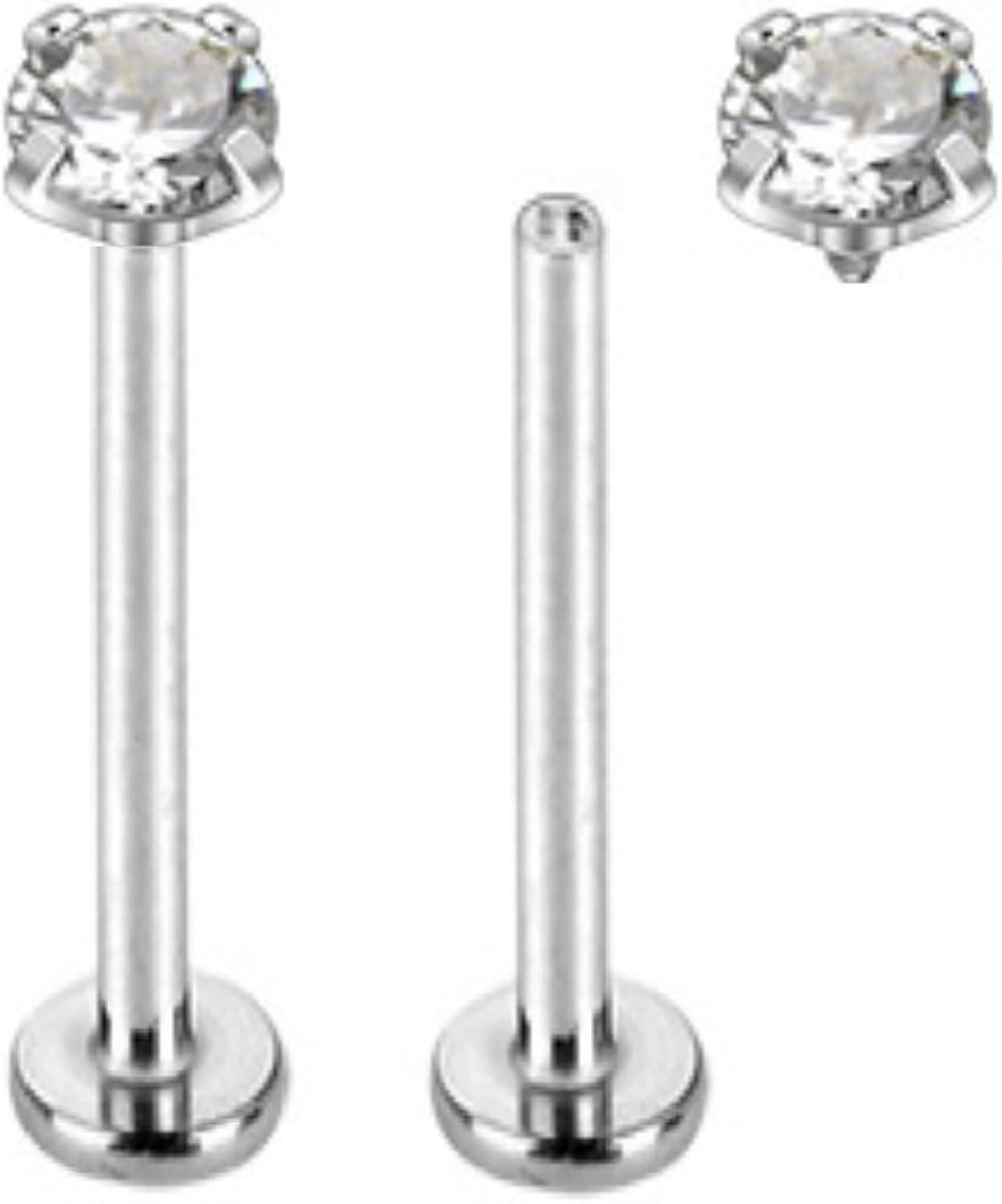 7ZACC Set of 2 Flat Bottom Internally Threaded 4 mm Dimond Ball 316l Surgical Steel Tongue Cheek Piercing 14guage 1/2" 12mm (Clear)