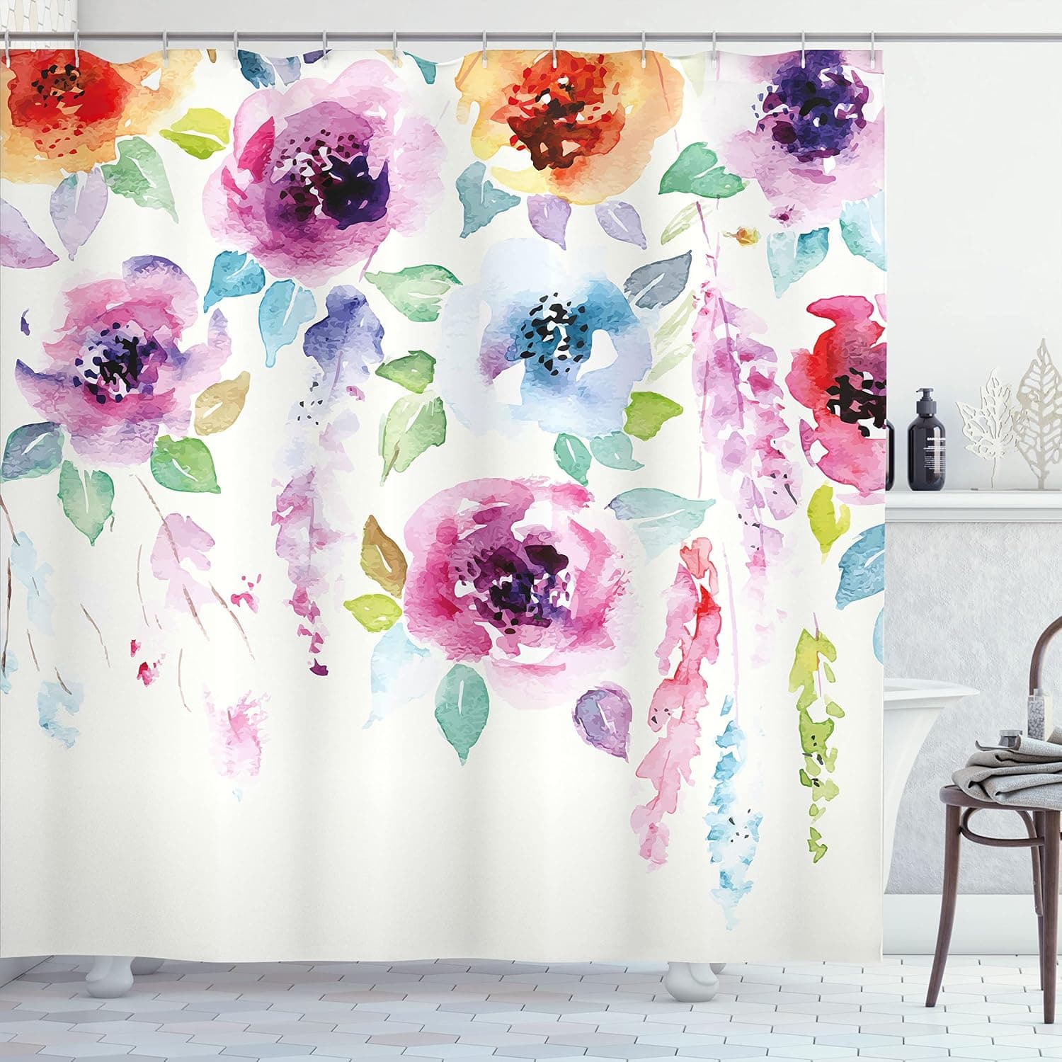 Ambesonne Abstract Shower Curtain, Modern Design Watercolor Style with Floral Leaves Seemed Ombre Details Art Print, Cloth Fabric Bathroom Decor Set with Hooks, 69" W x 75" L, Pink Orange
