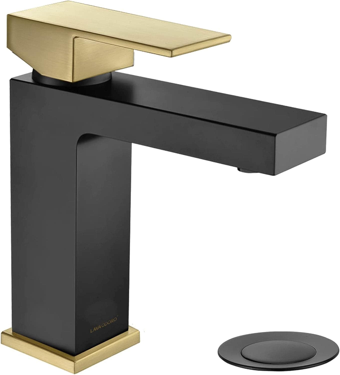 Single Hole Bathroom Faucet Black and Gold, Lava Odoro Modern Brass Bathroom Sink Faucet Single Handle Vanity Faucet with Pop up Drain Assembly, Deck Plate Included, BF307-GB
