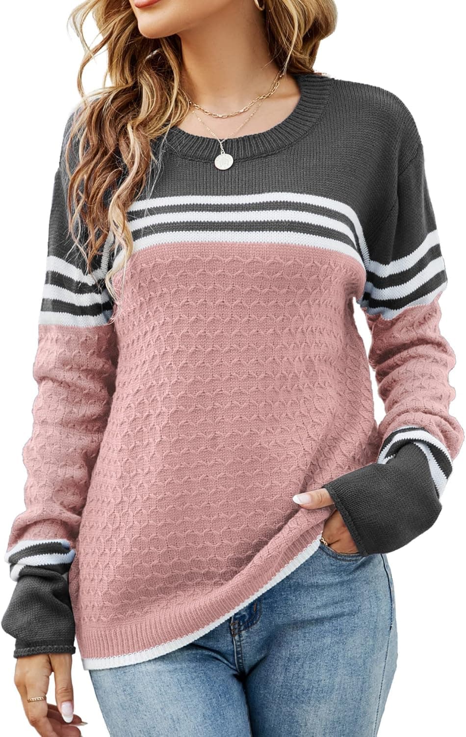 koitmy Women's Long Sleeve Cute Stripe Patchwork Knitted Pullover Sweater